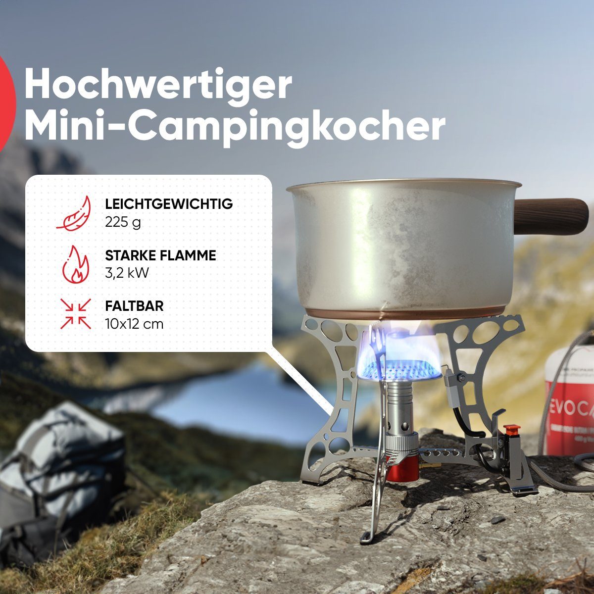 EVOCAMP Gaskocher Mini 3.2 kW mit Piezo-Zünder, ideal für Outdoor, Camping Stove, ohne Gaskartuschen
