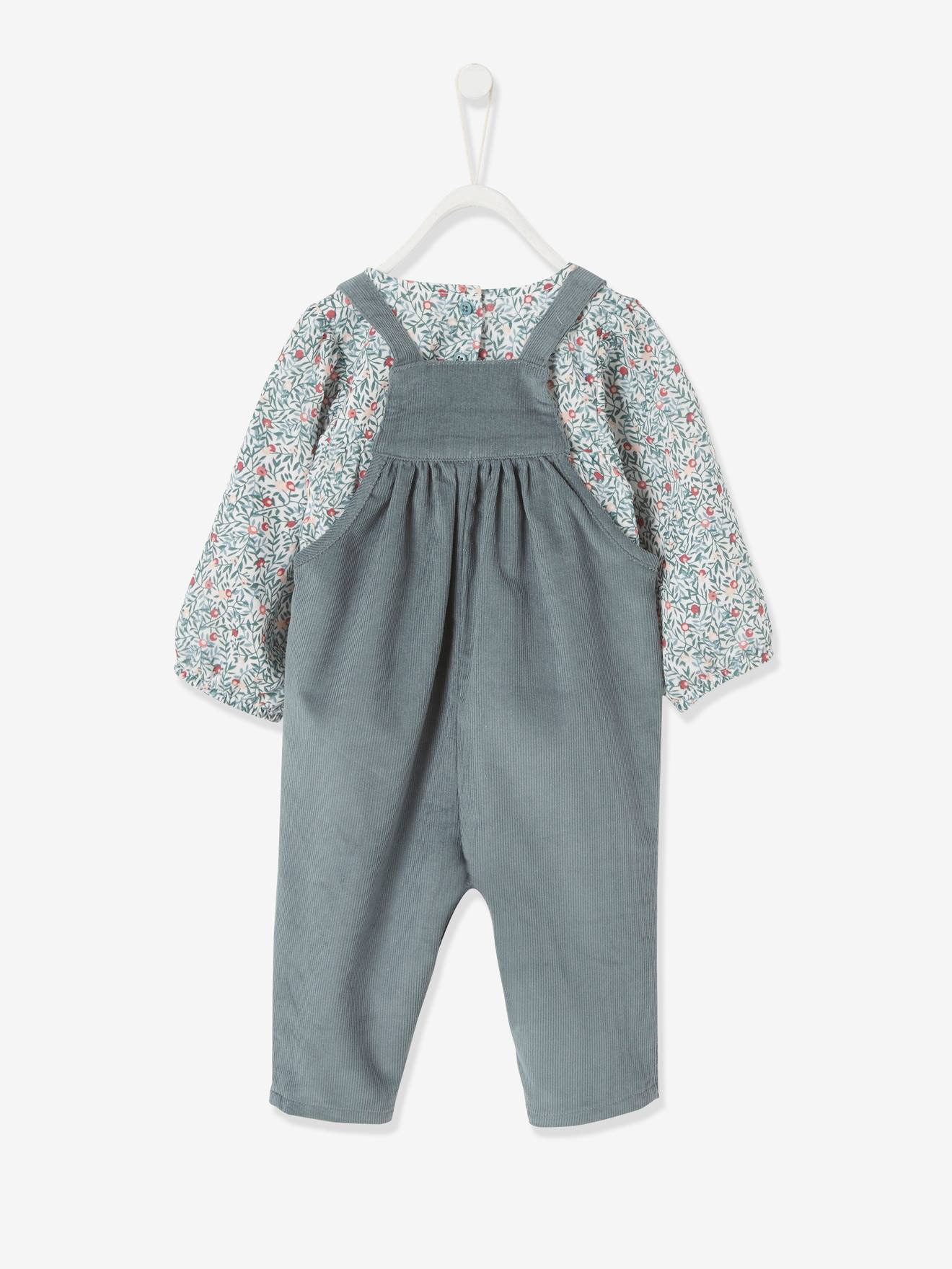 Ensemble blouse et salopette velours bébé fille bleu céleste