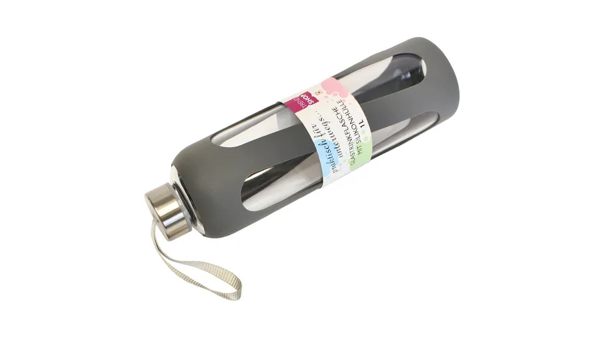 TRENDSHOP Trinkflasche aus Glas mit Silikonmantel 1l grey