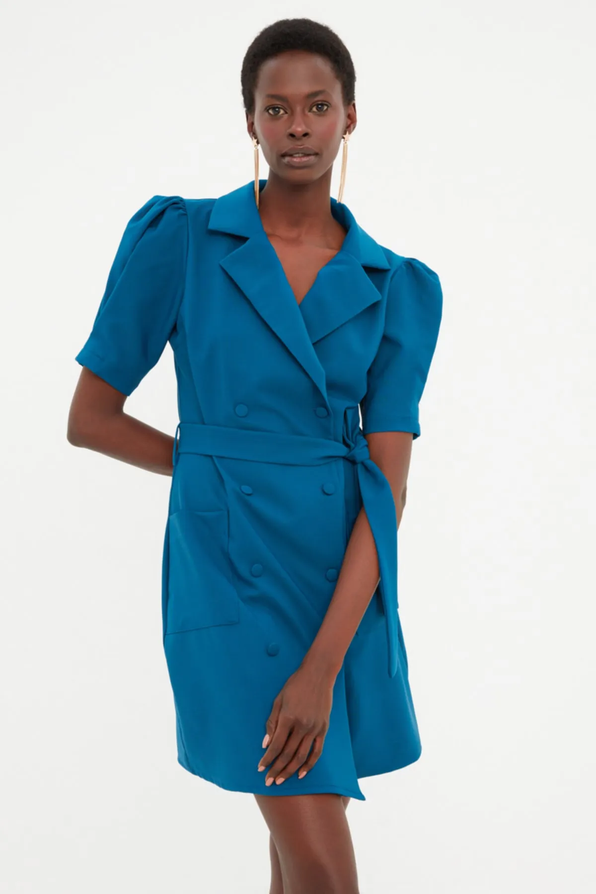 Trendyol Collection  Petrolfarbene Mini-Webjacke mit Gürtel, gewebtes Kleid TWOSS20EL0236