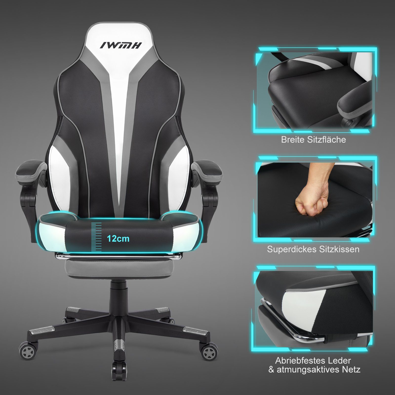Intimate WM Heart Gaming-Stuhl, mit hoher Rückenlehne, Massage-Lendenstütze und klappbarer Fußstütze