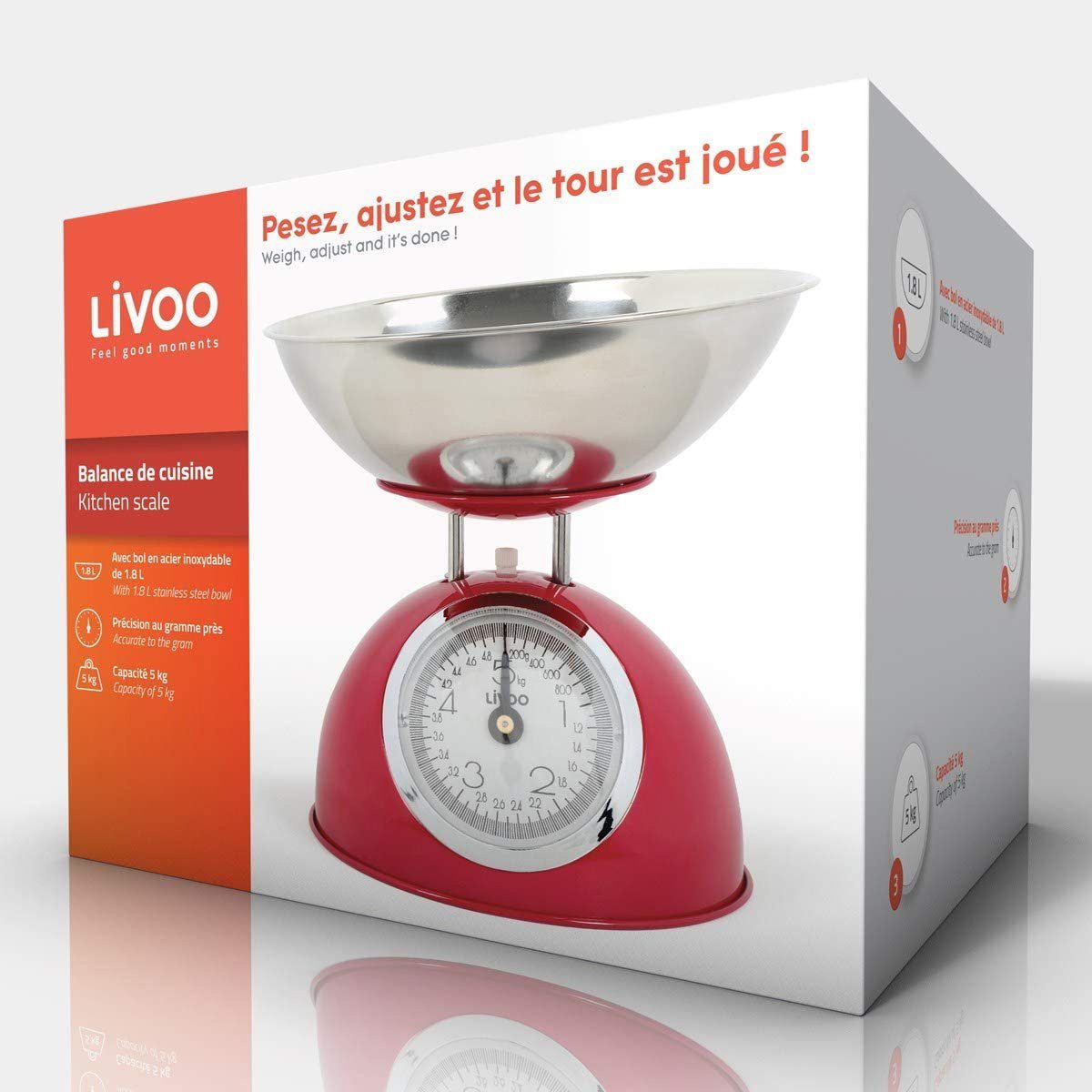 LIVOO Küchenwaage DOM298r Rot Retro Design Edelstahlschüssel 1,8 Liter