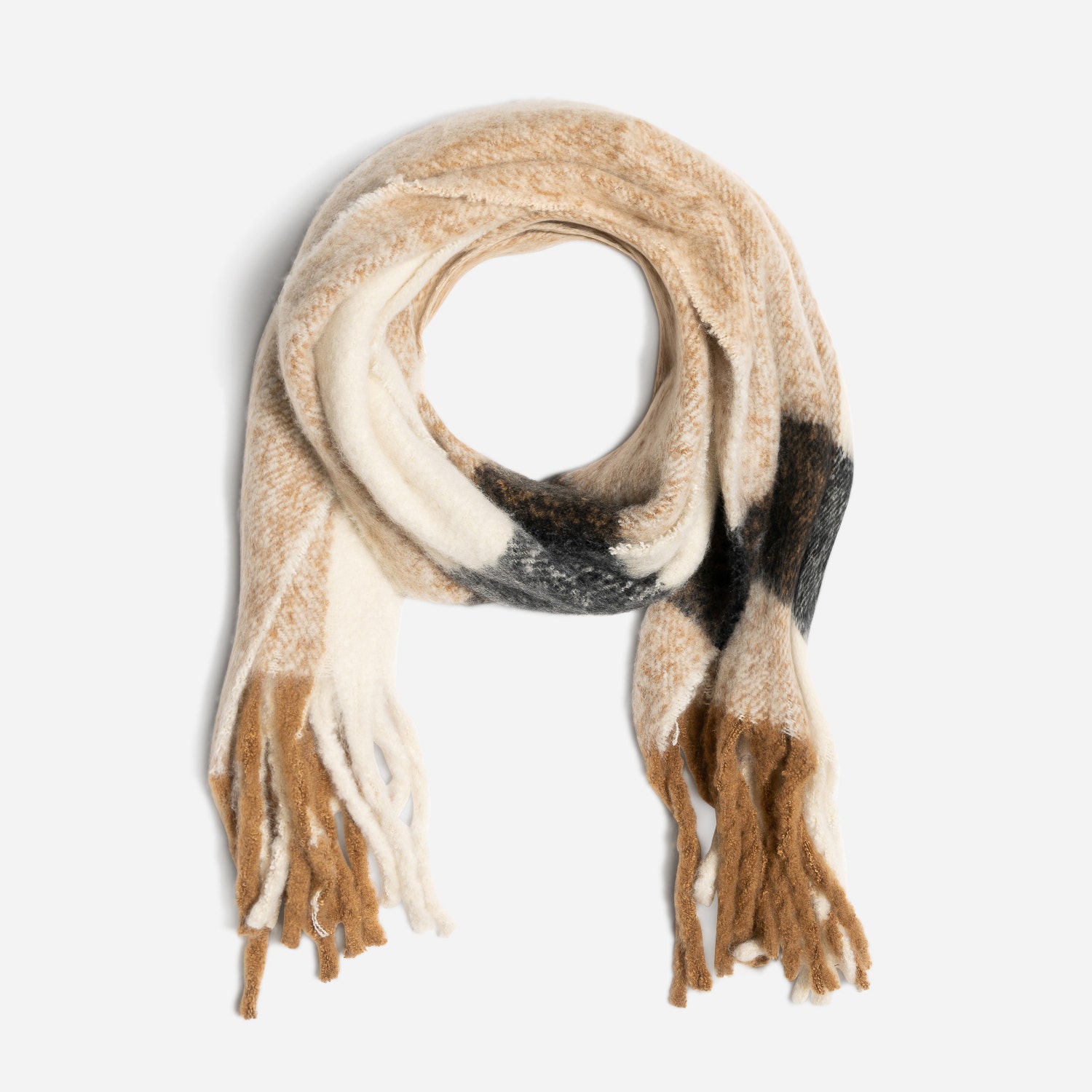 Echarpe TEXTO camel, écrue et noire maxi carreaux