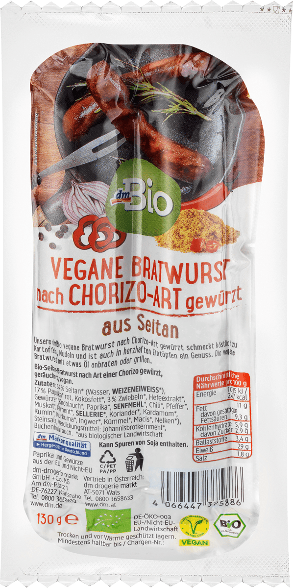 Seitan Bratwurst, nach Chorizo-Art gewürzt, 130 g