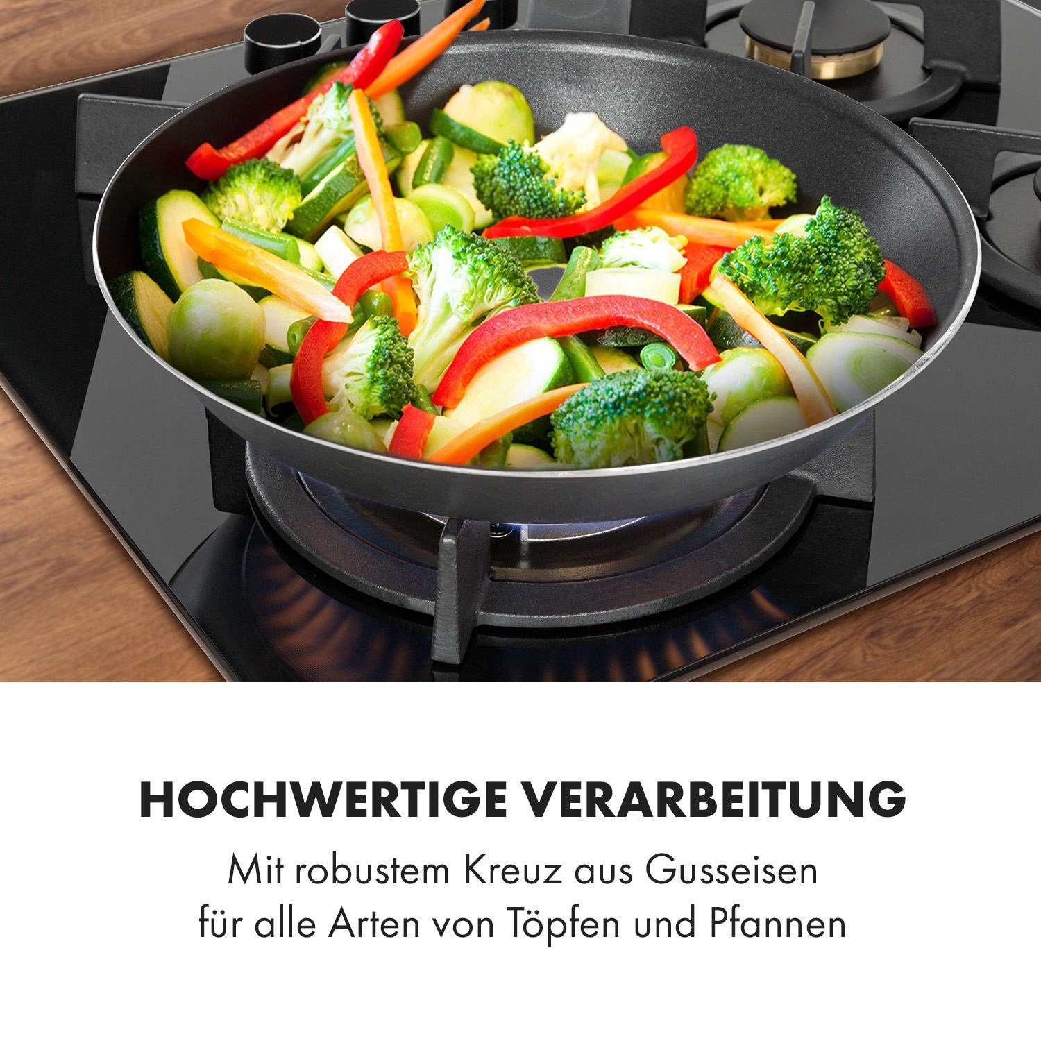 Klarstein Gas-Kochfeld Goldflame 4 Gaskochfeld 4-flammig Messing-Brenner Glaskeramik schwarz CP11-Goldflame-4, Einbau Gas Kochfeld Gasherd 4 Platten Kochplatte Einbaukochfeld