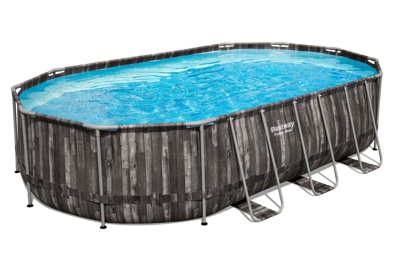 Bestway Power Steel™ Frame Pool Komplett-Set mit Filterpumpe, Holz-Optik (Mooreiche), oval 610 x 366 x 122 cm