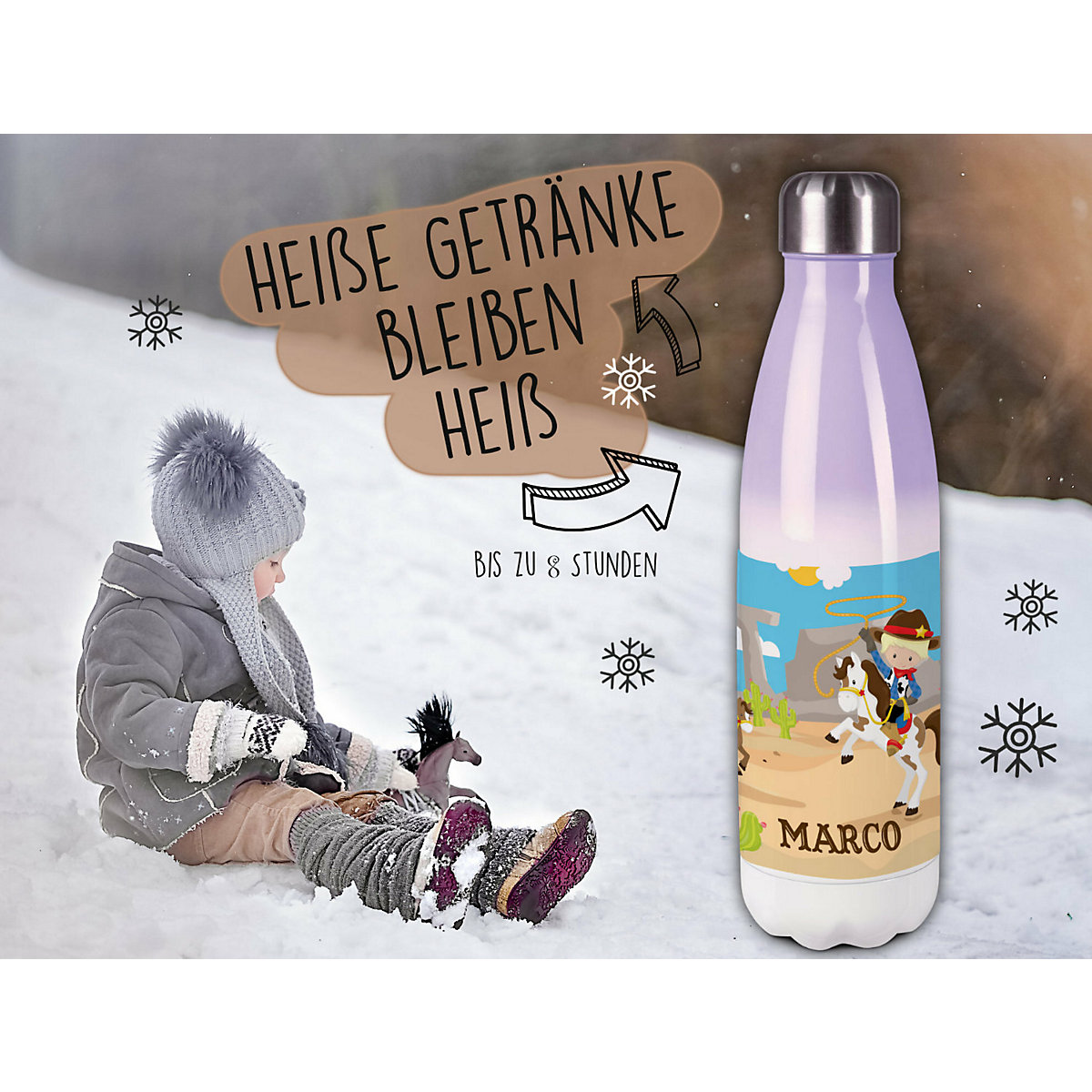 Edelstahl Kinder Thermoflasche / Trinkflasche bunt Cowboy Spülmaschinenfest, Auslaufsicher, Bruchfest, Doppelwandig, Für Heißgetränke geeignet, Mit Deckel, Isoliert