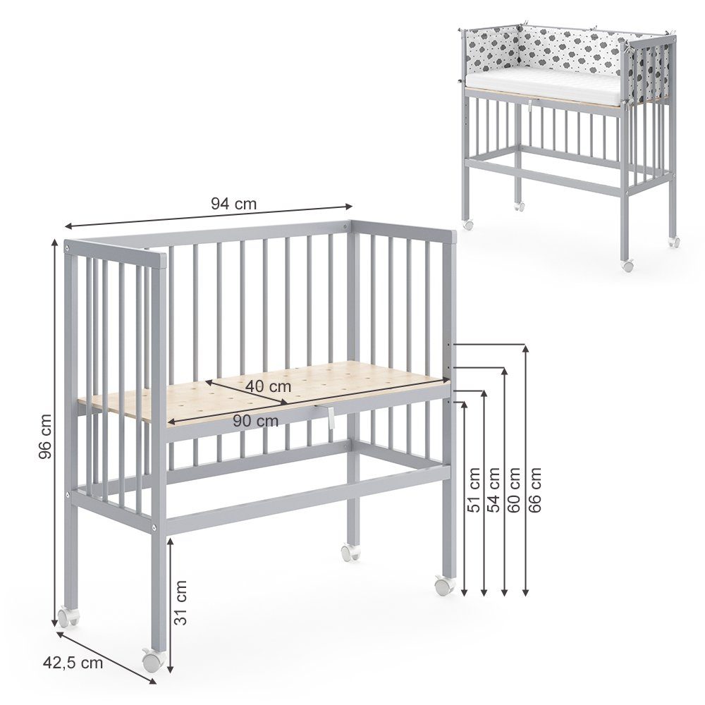 VitaliSpa® Beistellbett Babybett Stubenbett SOPHIE 93x46x75 Grau