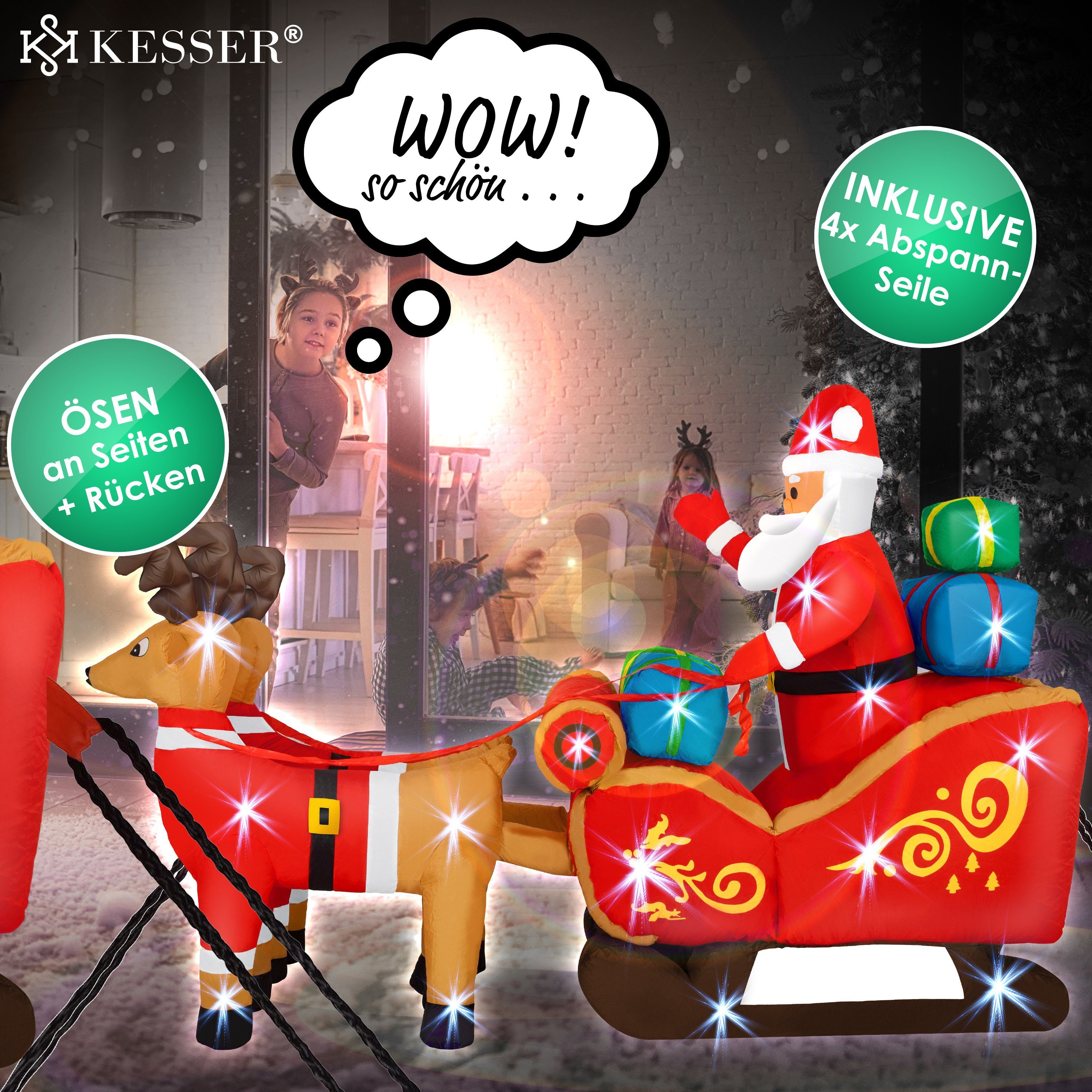 KESSER Weihnachtsfigur, Aufblasbarer Weihnachtsmann Schlitten XXL Nikolaus Rentier