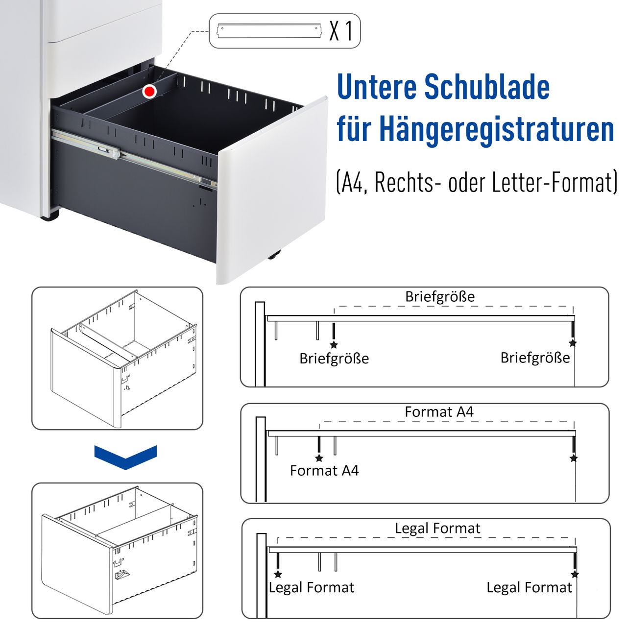 Vinsetto Rollcontainer, mobiler Aktenschrank mit 3 Schubladen, Büroschrank, Aufbewahrung, Stahl, Weiß, 39 x 48 x 59 cm