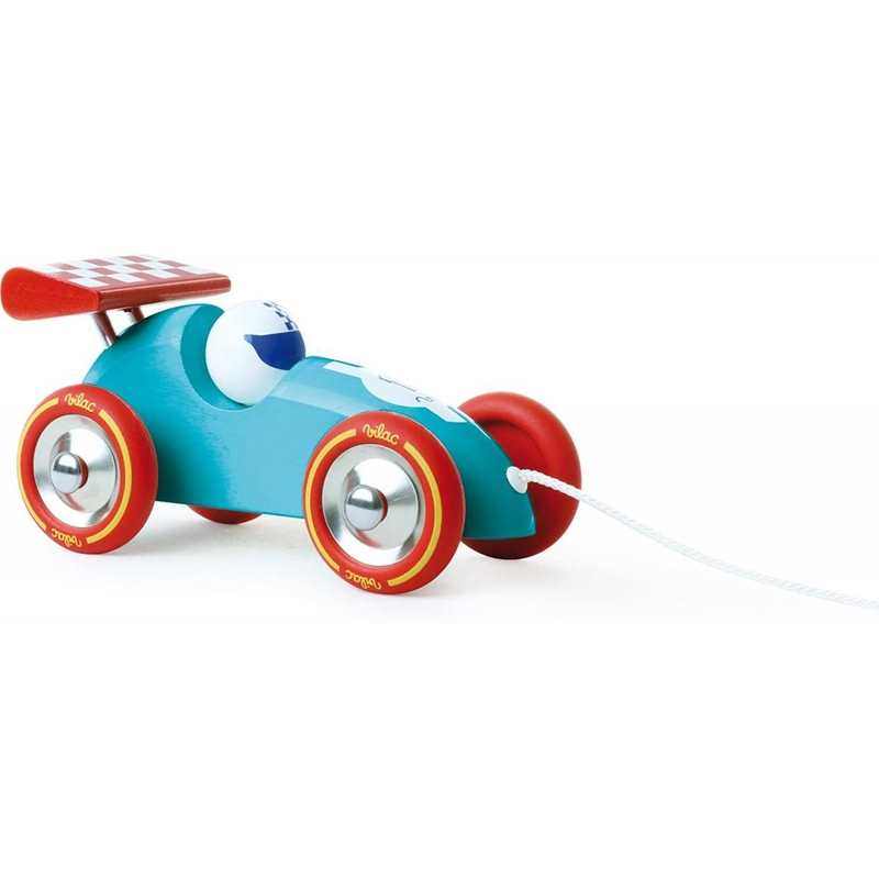 Voiture de course à tirer turquoise et rouge