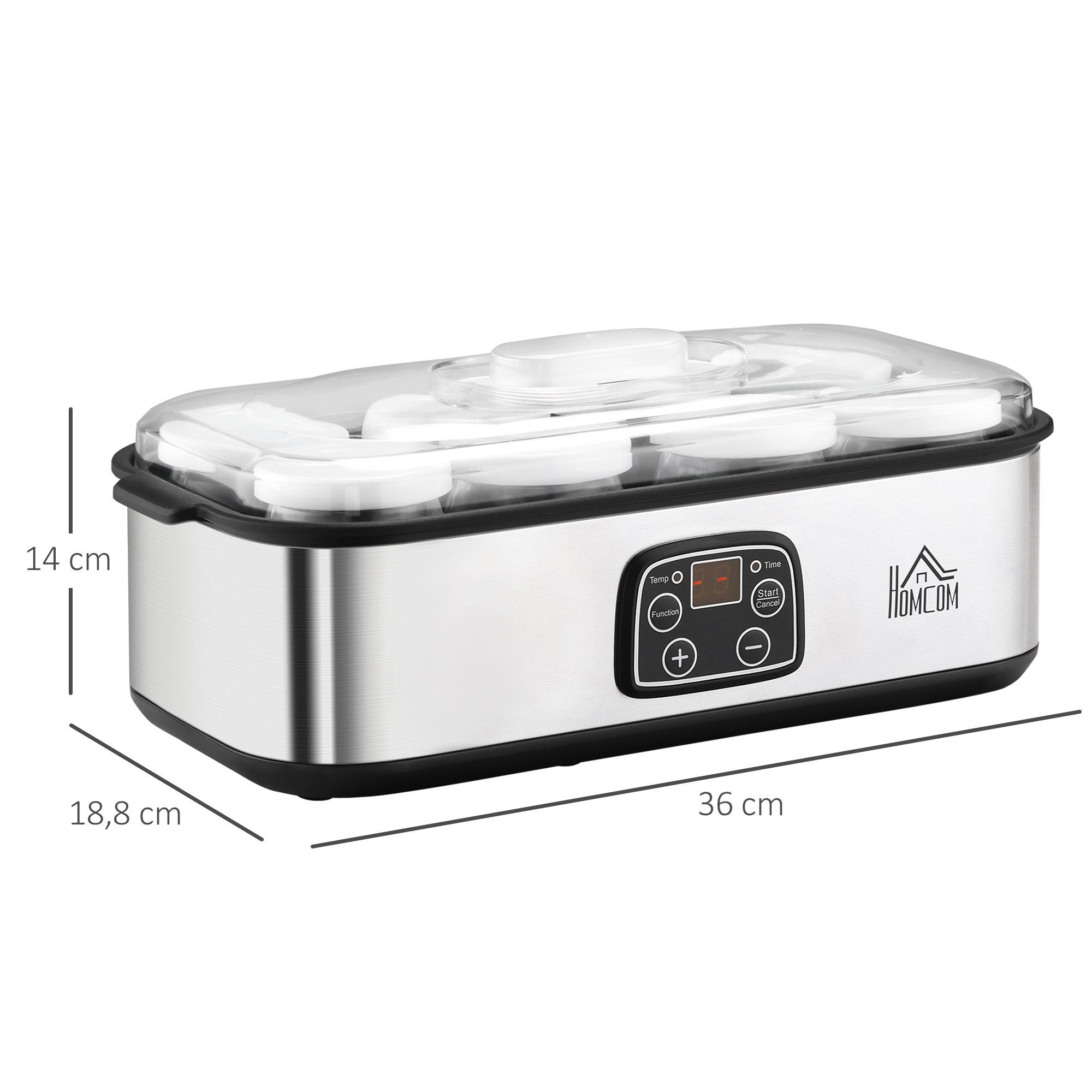 HOMCOM Joghurtbereiter Joghurtbereiter, 8 Portionsbehälter, je 180 ml, Joghurtmaschine 8 Joghurtgläser einstellbar PC PP Silber