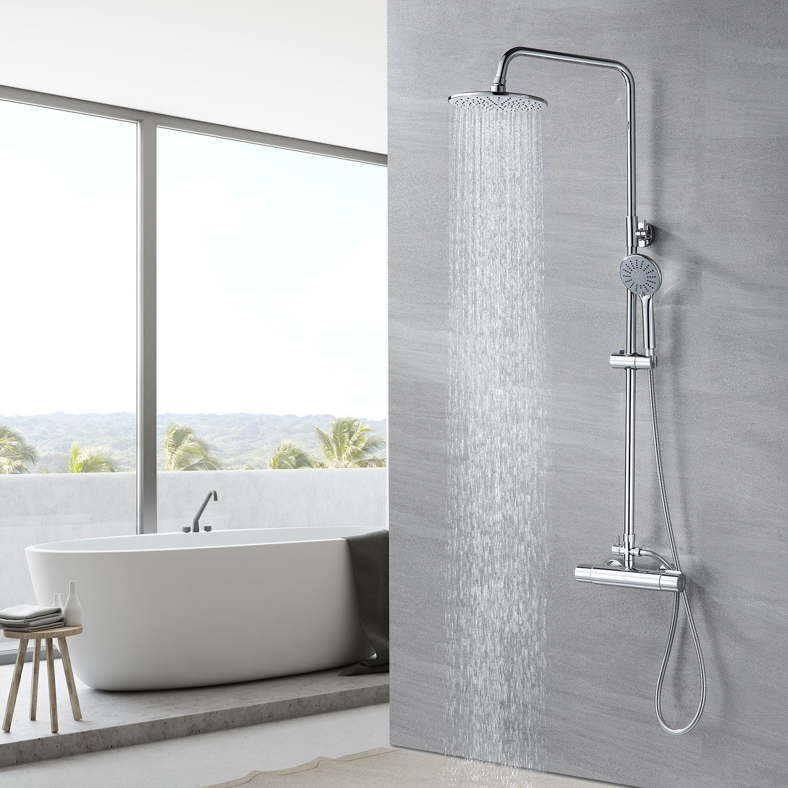 Auralum Duschsystem mit Thermostat Duscharmatur Regendusche Duschset Dusch Handbrause, Chorm Brausegarnitur, mit 3 Strahlarten