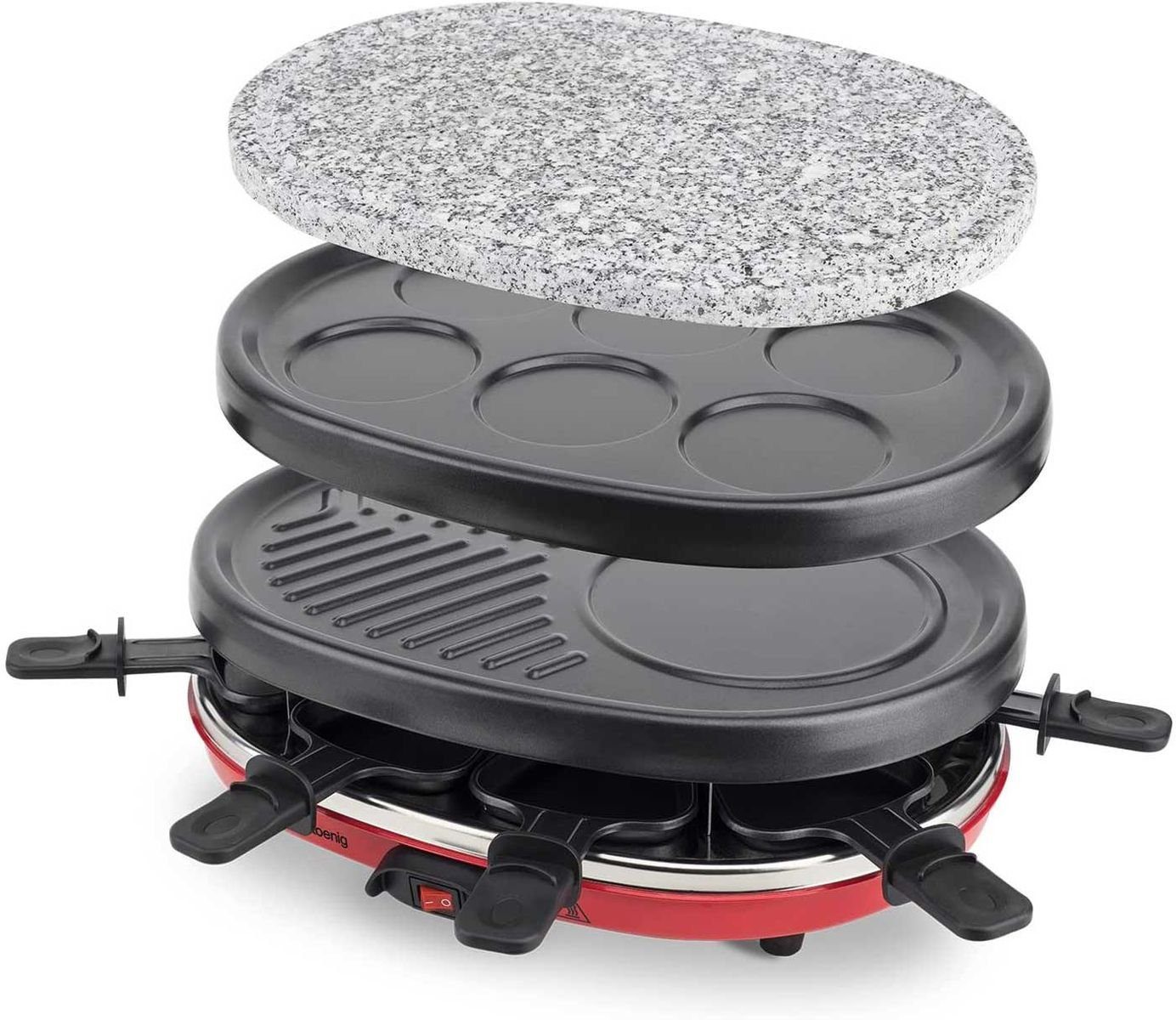 H.Koenig Raclette RP-412 mit wechselbaren Pletten, heißer Stein, 8 Raclettepfännchen, 900 W