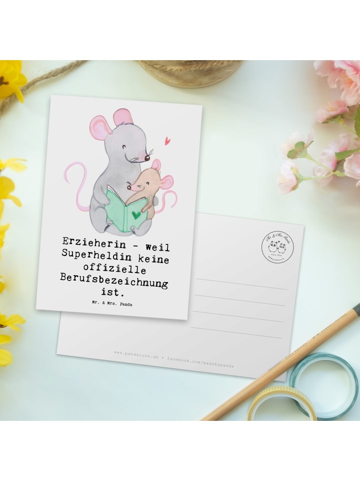 Mr. & Mrs. Panda Postkarte Erzieherin Superheldin mit Spruch in Weiß günstig kaufen onesize