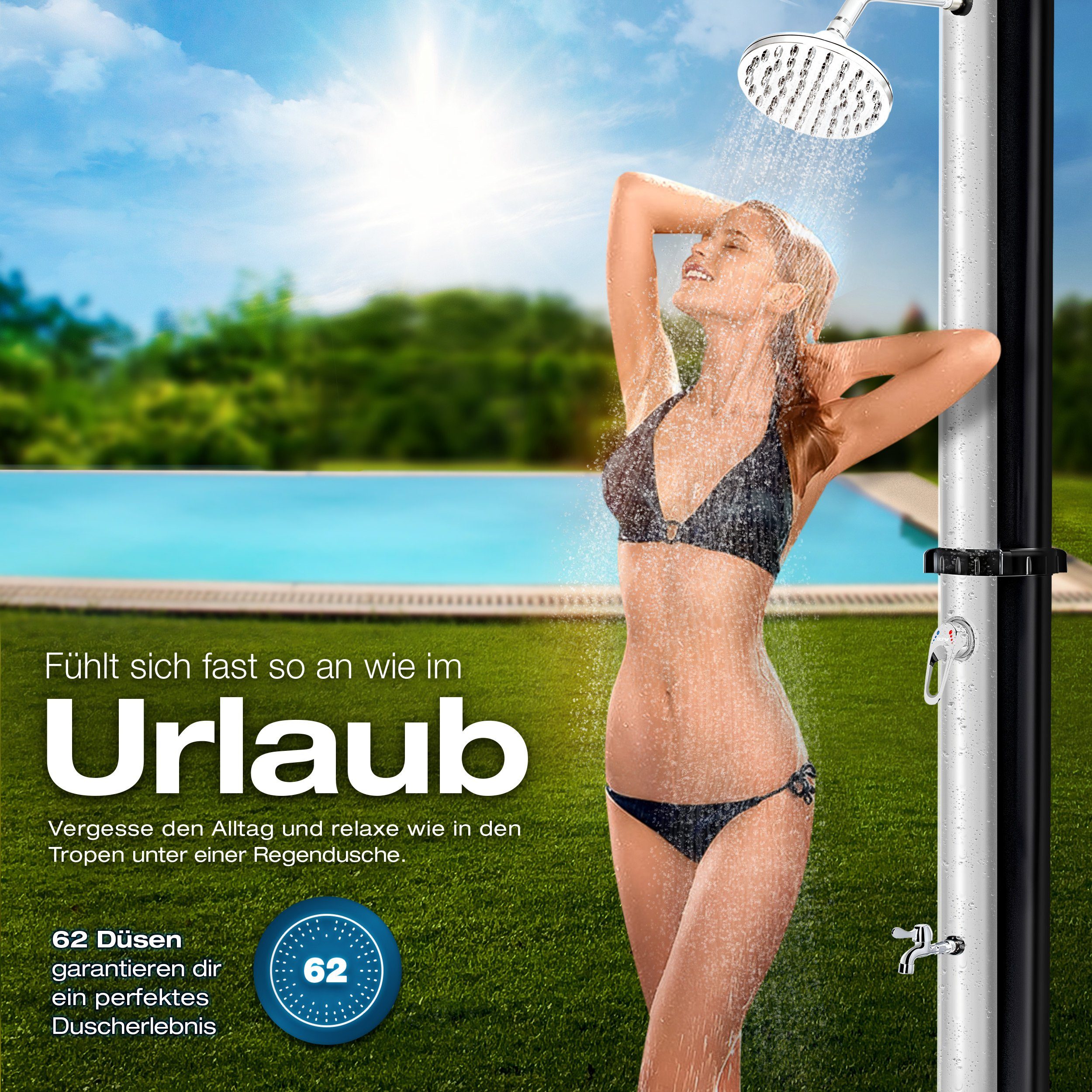 tillvex Solardusche 40 Liter inkl. Schutzhaube Solar Garten-dusche (mit Wasserhahn und Regenduschkopf Gartenschlauch-Anschluss), warmes Wasser Pooldusche Camping, ohne Stromanschluss