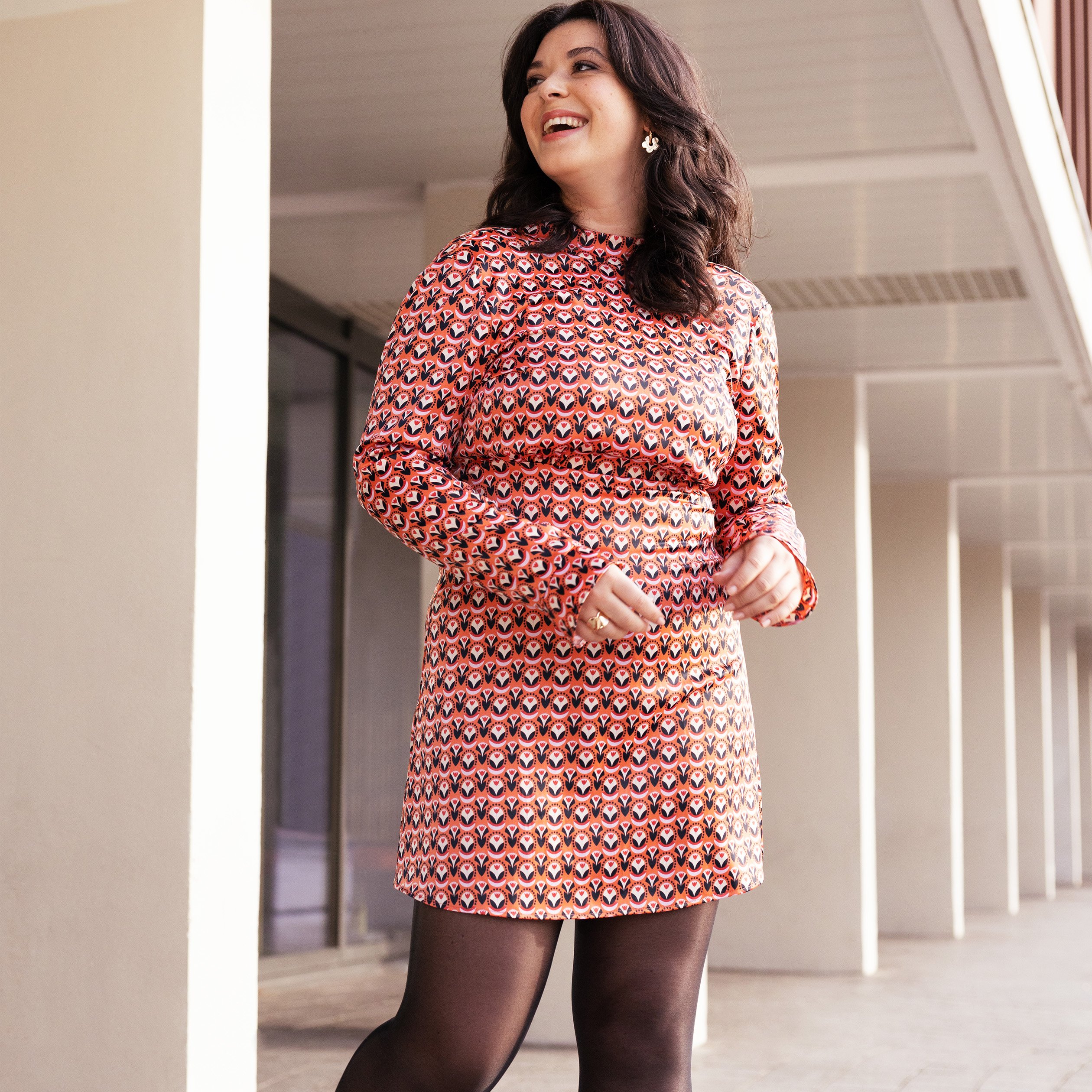Robe trapèze col montant orange corail femme | La Halle