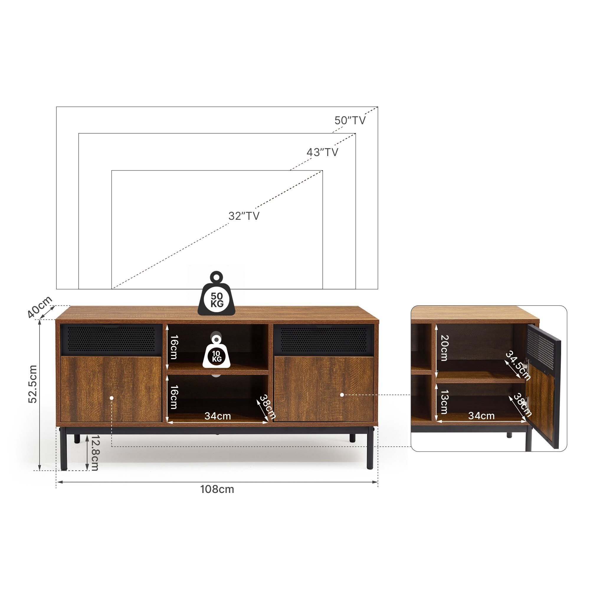 Mondeer Lowboard TV Schrank (TV Lowboard), mit 2 Ausgehöhlten Metalltüren und Verstellbarem Einlegeboden