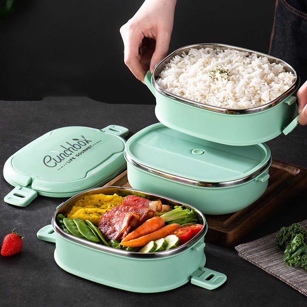 SCOKIT Lunchbox Brotdose aus Edelstahl, Luftdichte Bento-Box, Lebensmittelechter-Kunststoff, (Auslaufsicher,Beheizbar,Tragbare Thermo-Lunchbox mit Griff, 1-tlg., Mit Besteck und Isoliertasche,für Büro, Arbeitsessen, Schule), 2 Layers,Erhältlich in gr