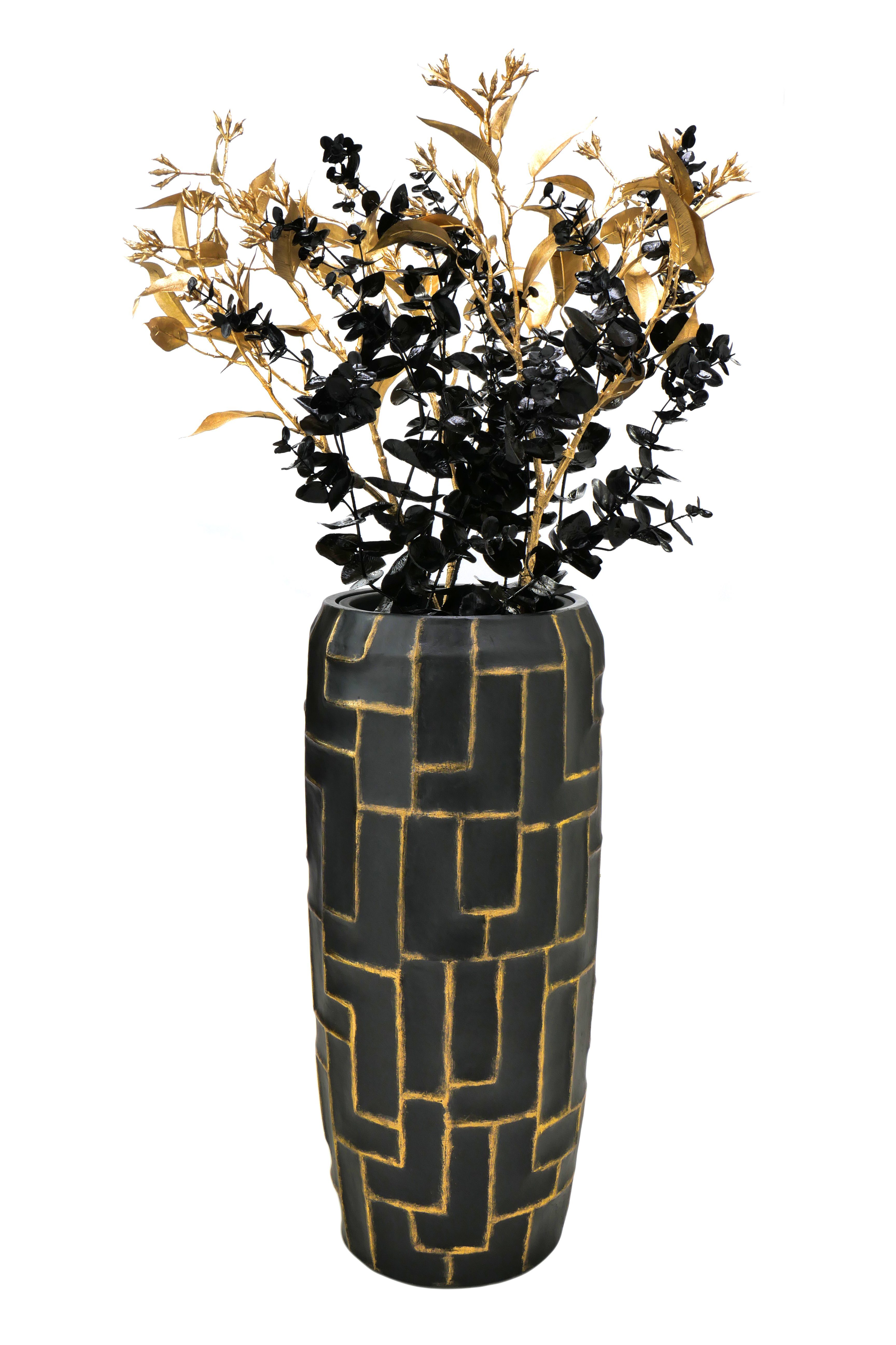Flingora Bodenvase Mara, mit Einsatz - Fiberglas - Indoor - Samtschwarz/Gold - Höhe 75 cm