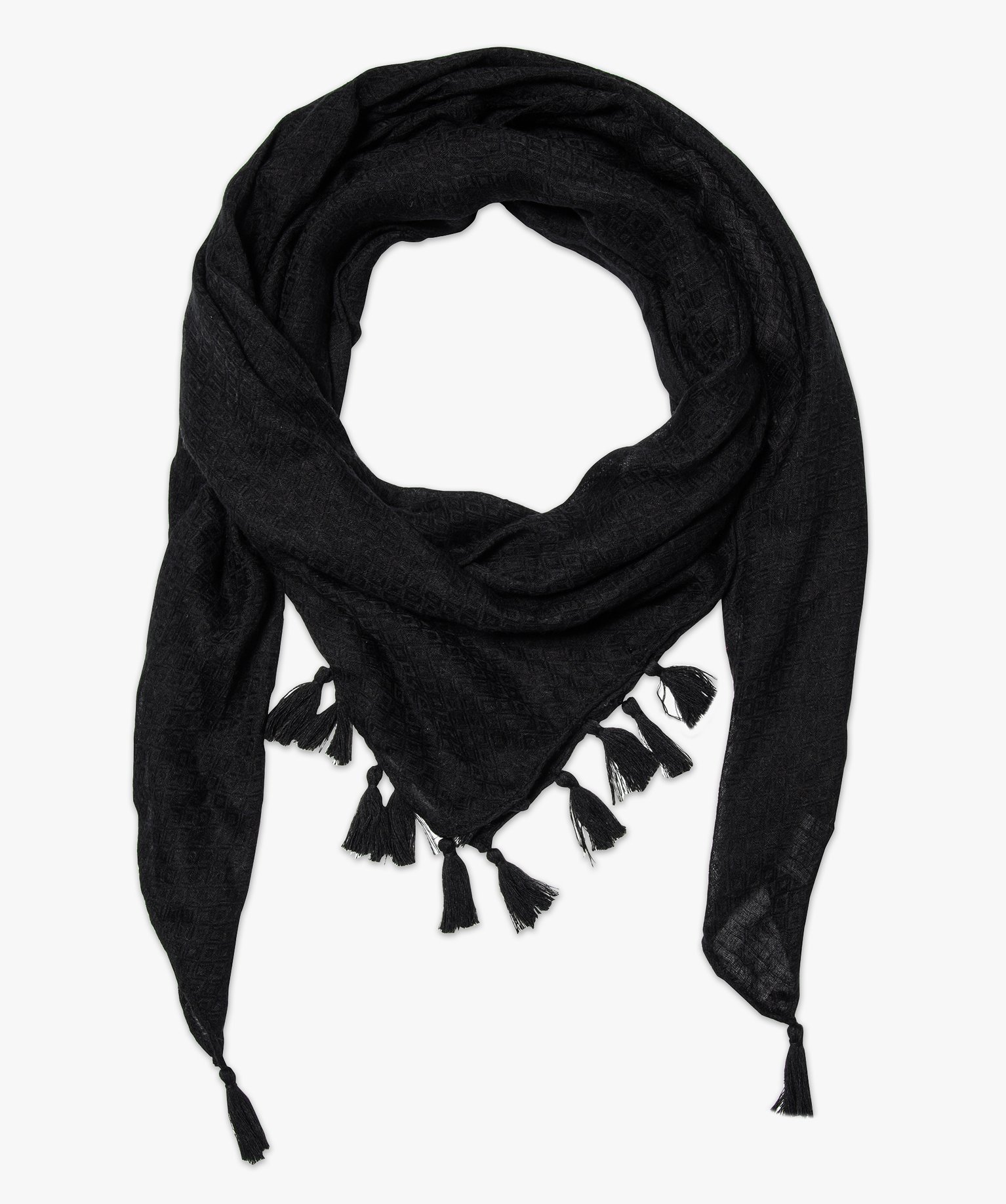 Foulard femme uni en maille texturée et finitions pompons noir | GEMO