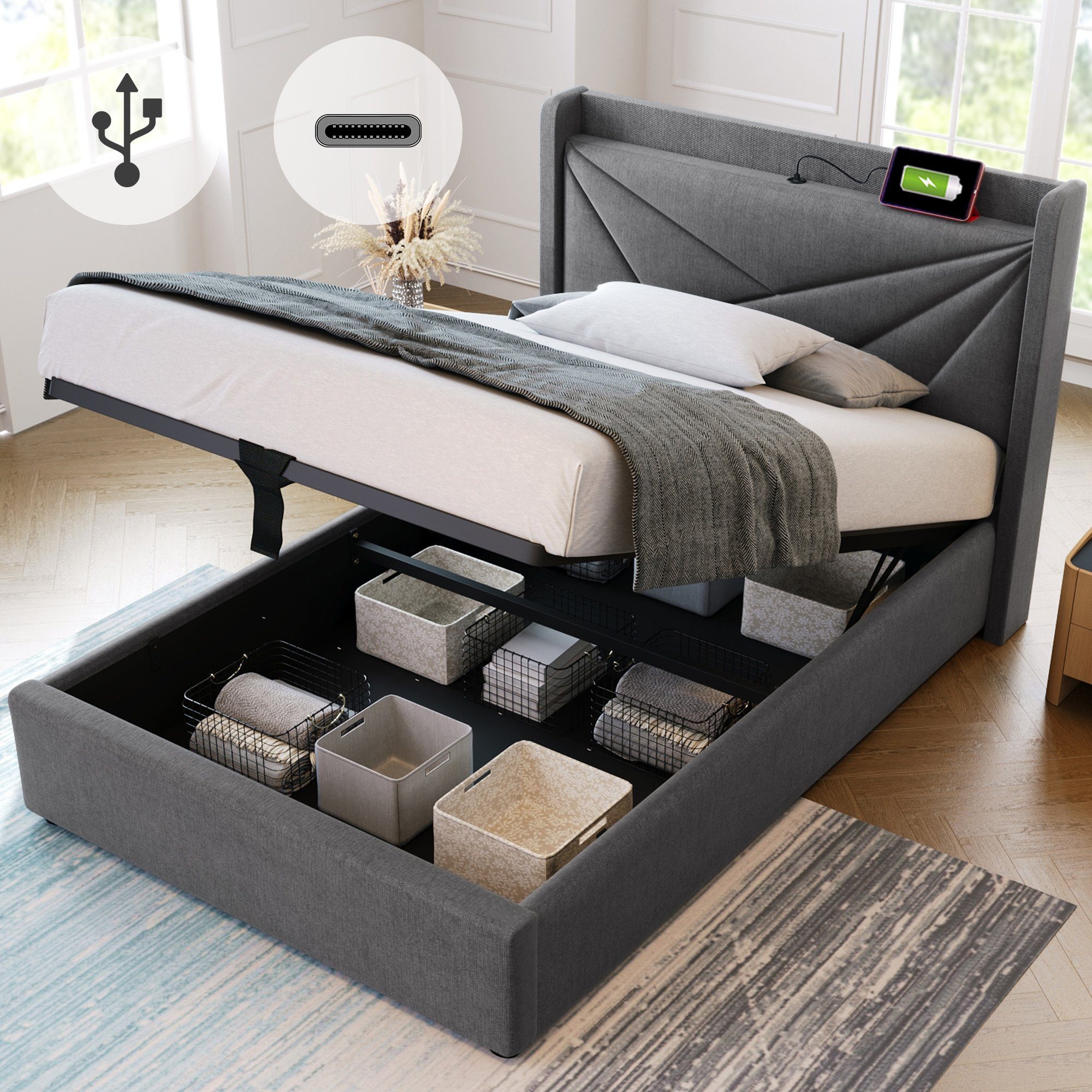 Ulife Polsterbett Doppelbett Stauraumbett mit USB /Typ C, Ladefunktion, Leinen, 90 × 200 cm