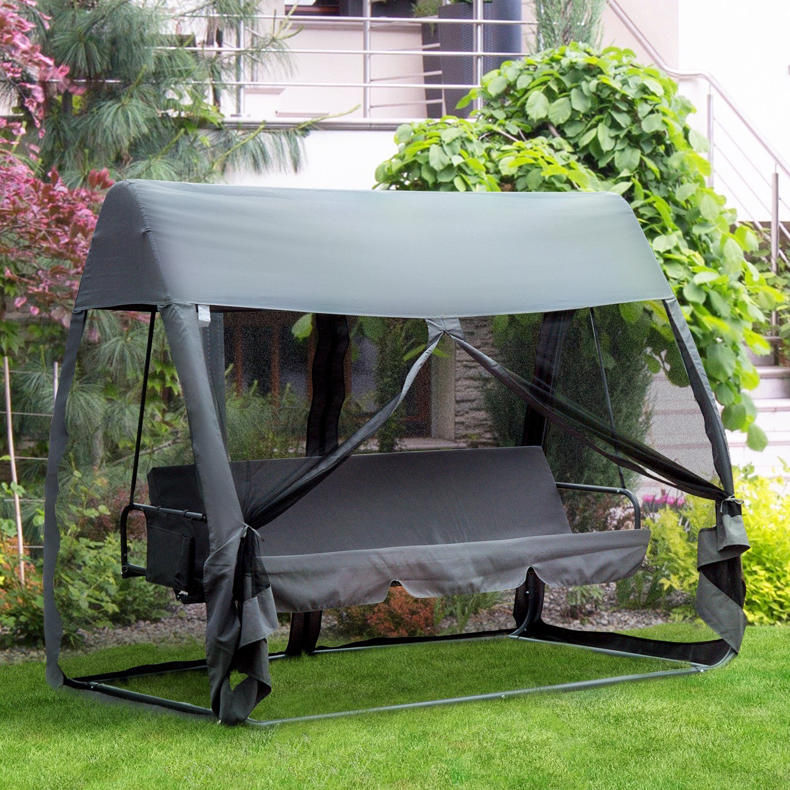Outsunny Hollywoodschaukel 2-in-1, mit Dach, 3-Sitzer