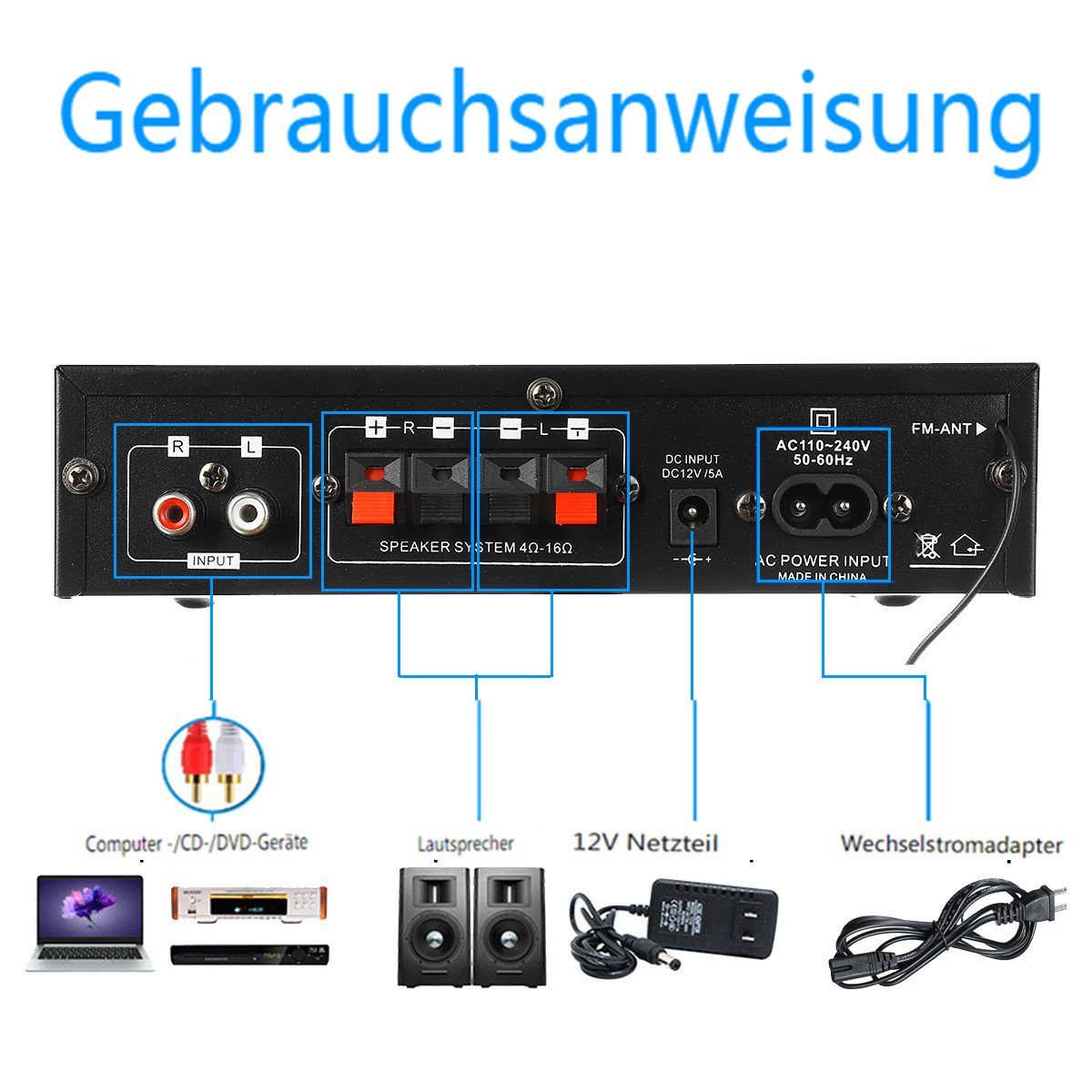 Insma Audioverstärker (2-Kanal 600W Digital Audio bluetooth Verstärker HiFi Stereo Amplifier)