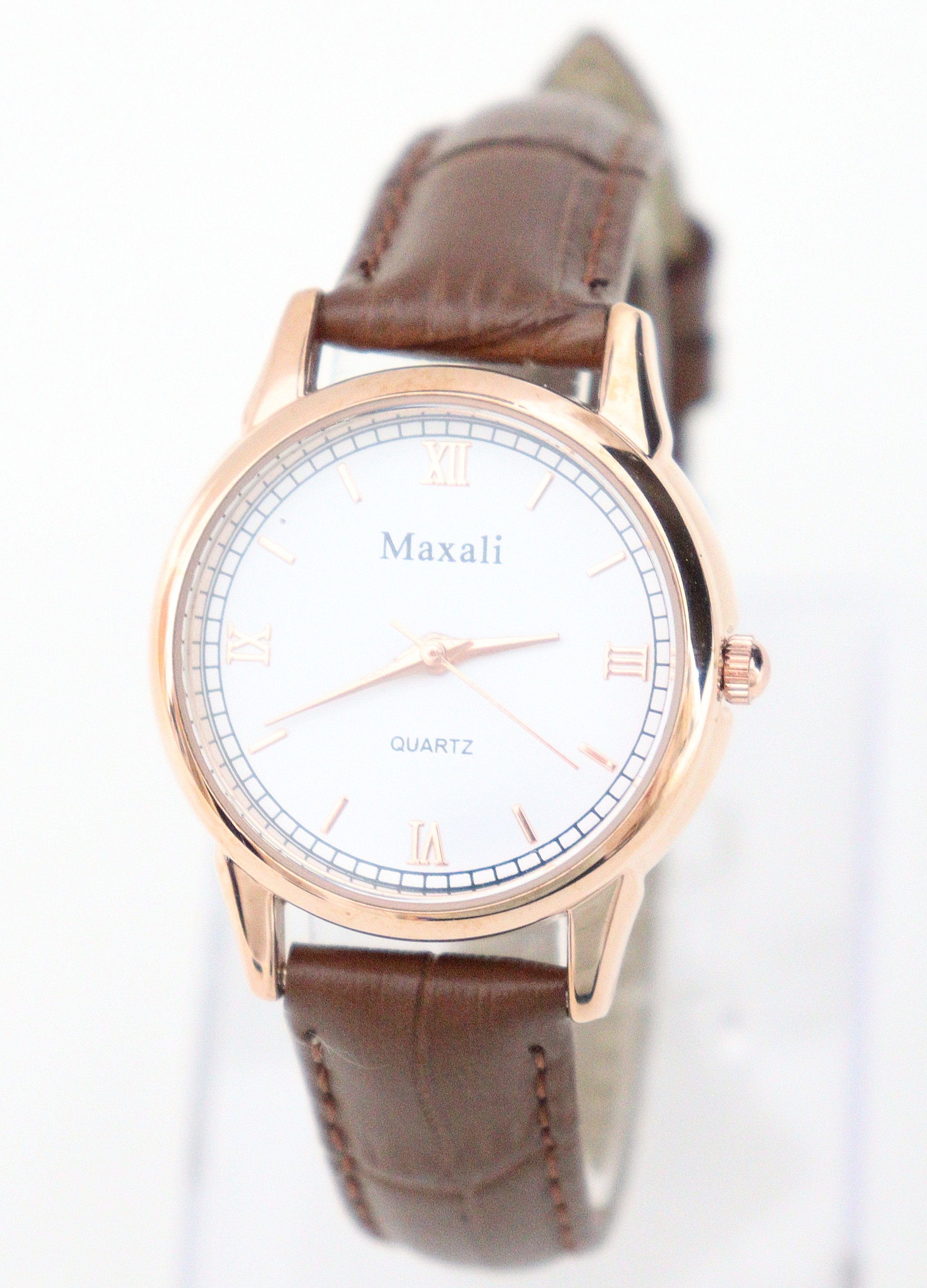 Rötting Design Quarzuhr Damenuhr Quarz Maxali - braunes Lederarmband goldrosefarbenes Gehäuse