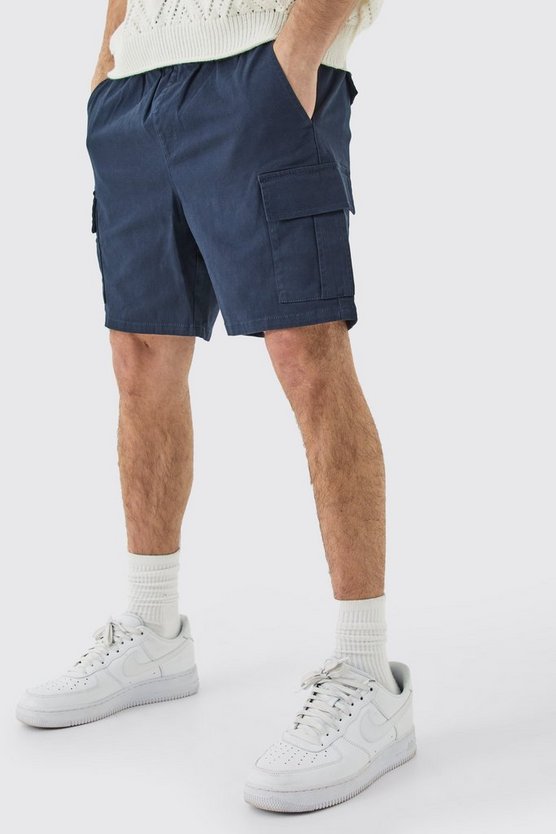 Dunkelblaue Slim-Fit Cargo-Shorts mit elastischem Bund