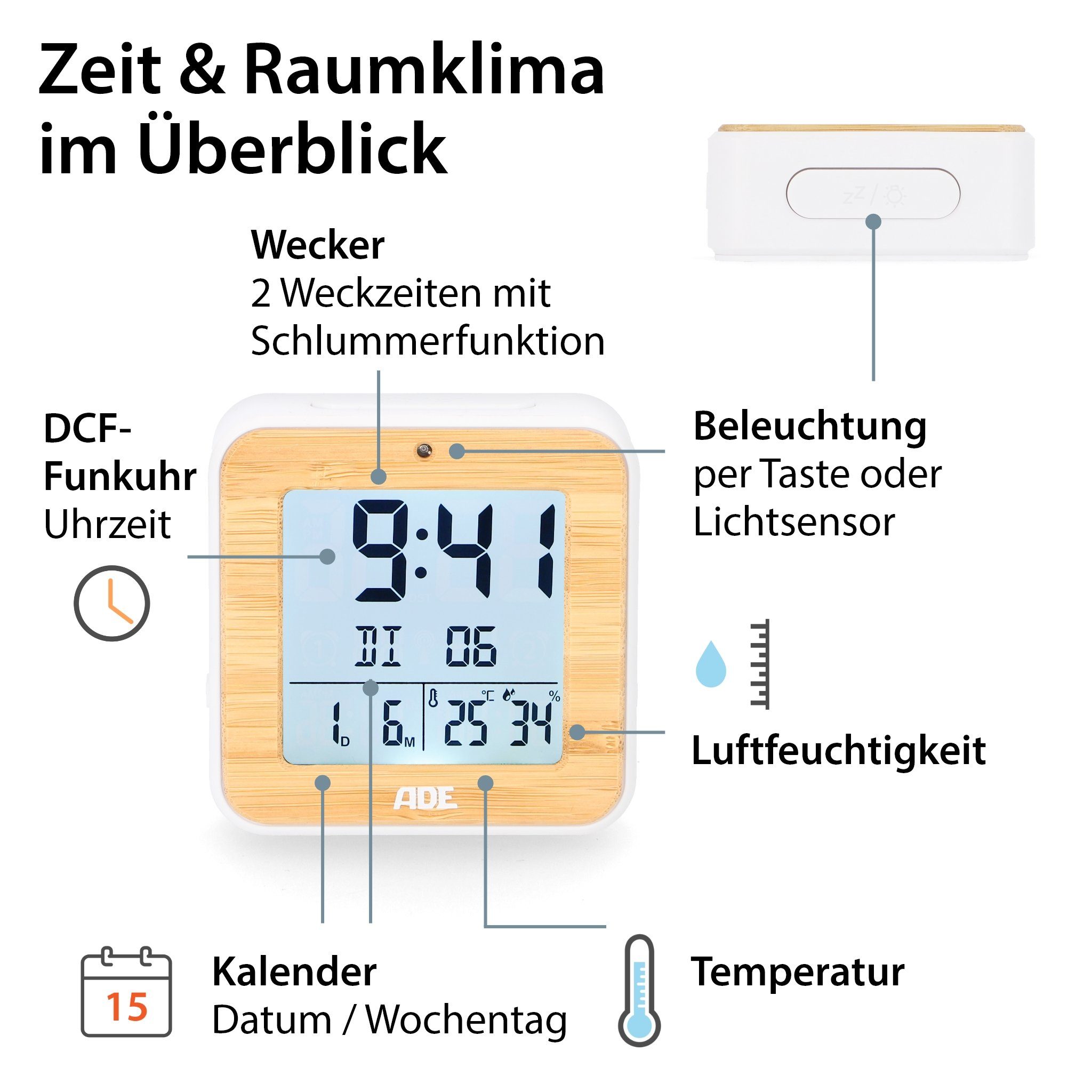 ADE Funkwecker Wecker digital funk mit Temperatur und Luftfeuchtigkeit automatischer Lichtsensor, 2 Weckzeiten, Schlummerfunktion