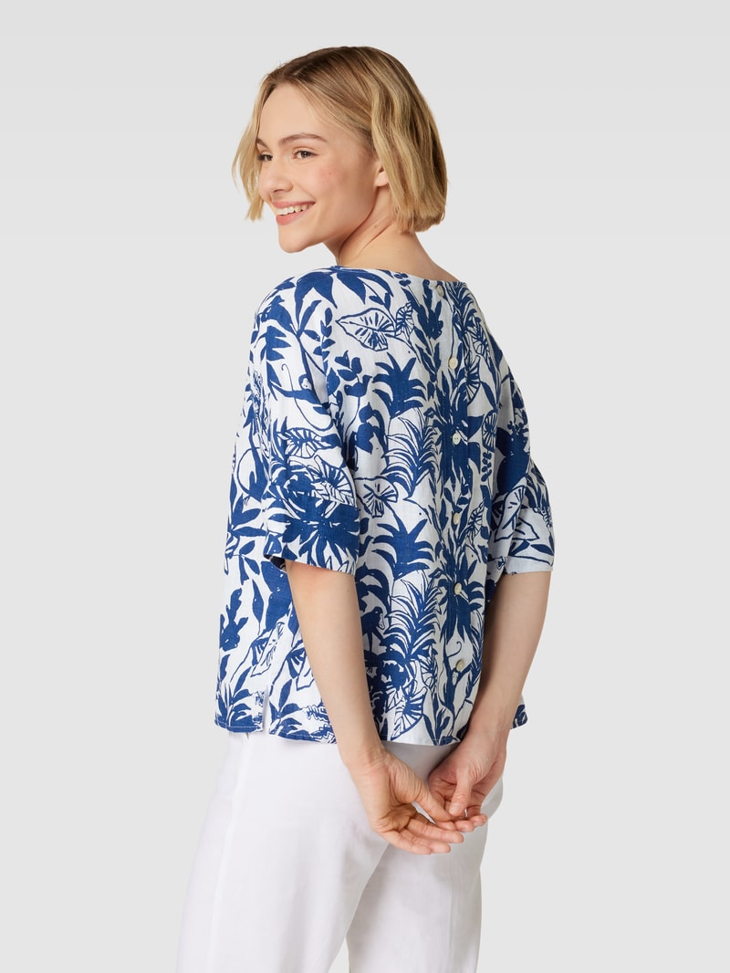 Blusenshirt aus Leinen mit Allover-Motiv-Print in marineblau
