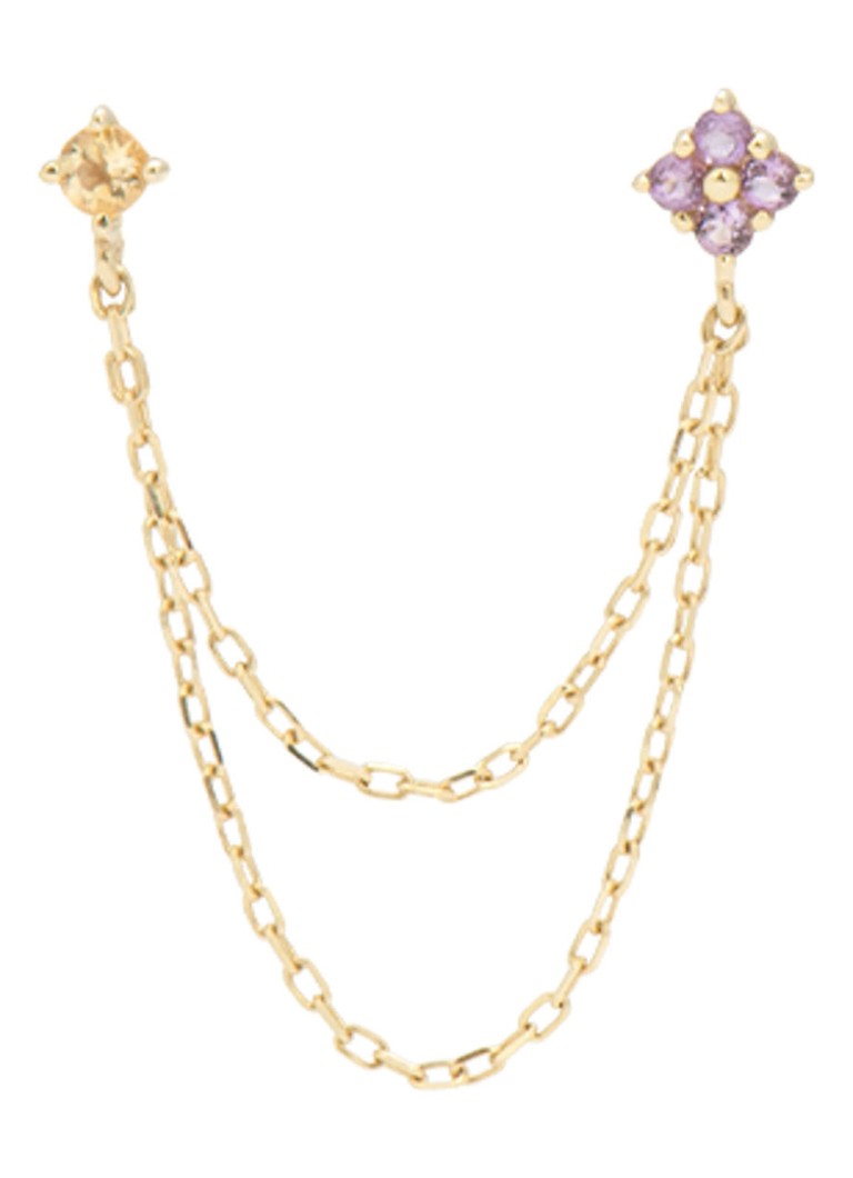 Anna + Nina Single Gilded Chain stud earrings in 14 carat yellow gold with amethyst and citrine