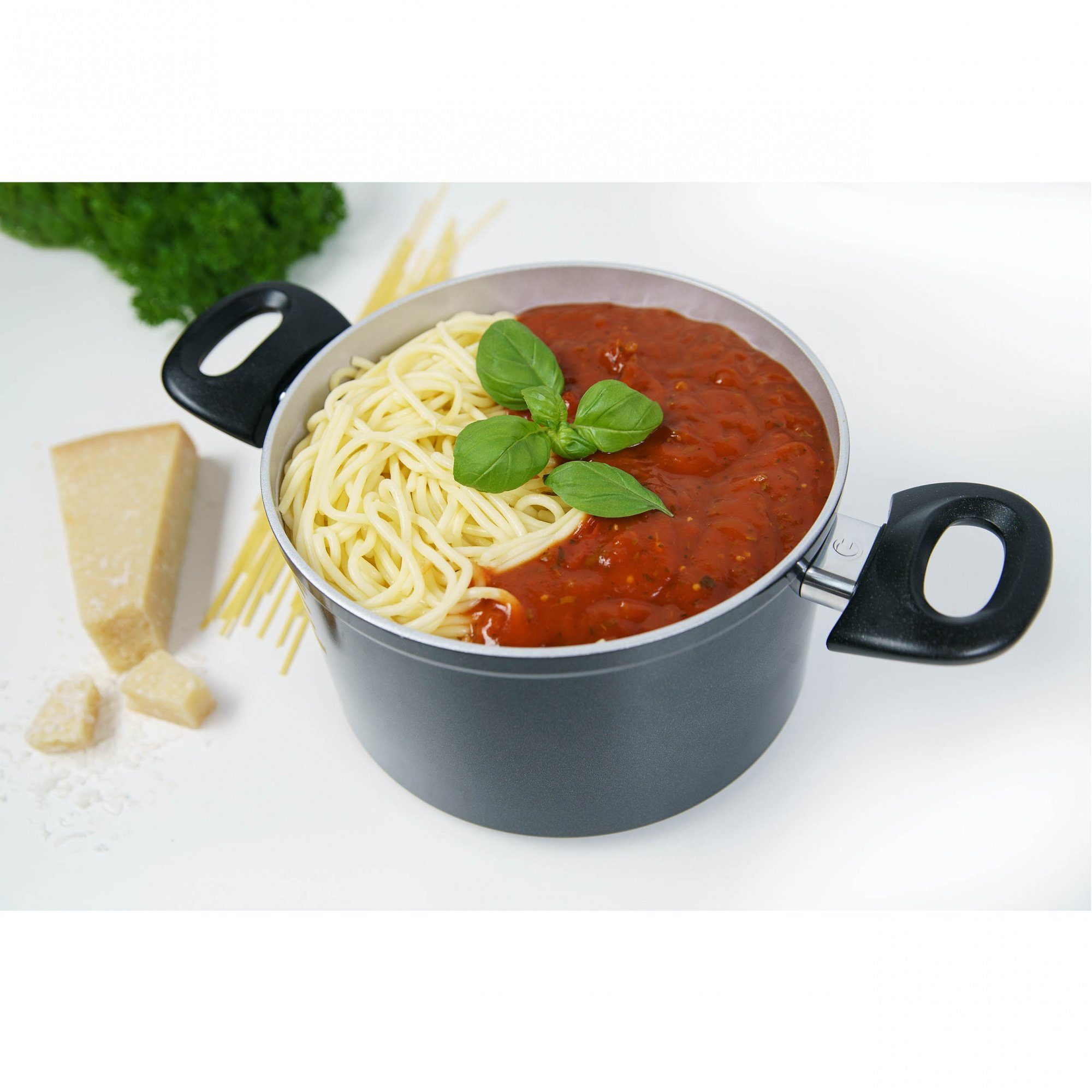 Genius Kochtopf Cerafit Magic Pot, Aluminium, Keramik, Edelstahl 18/10 (Set, 1 Kochtopf 1 Deckel 1 Siebeinsatz), Antihaft-Beschichtung, für alle Herdarten, induktionsgeeignet, spülmaschinengeeignet, Siebeinsatz