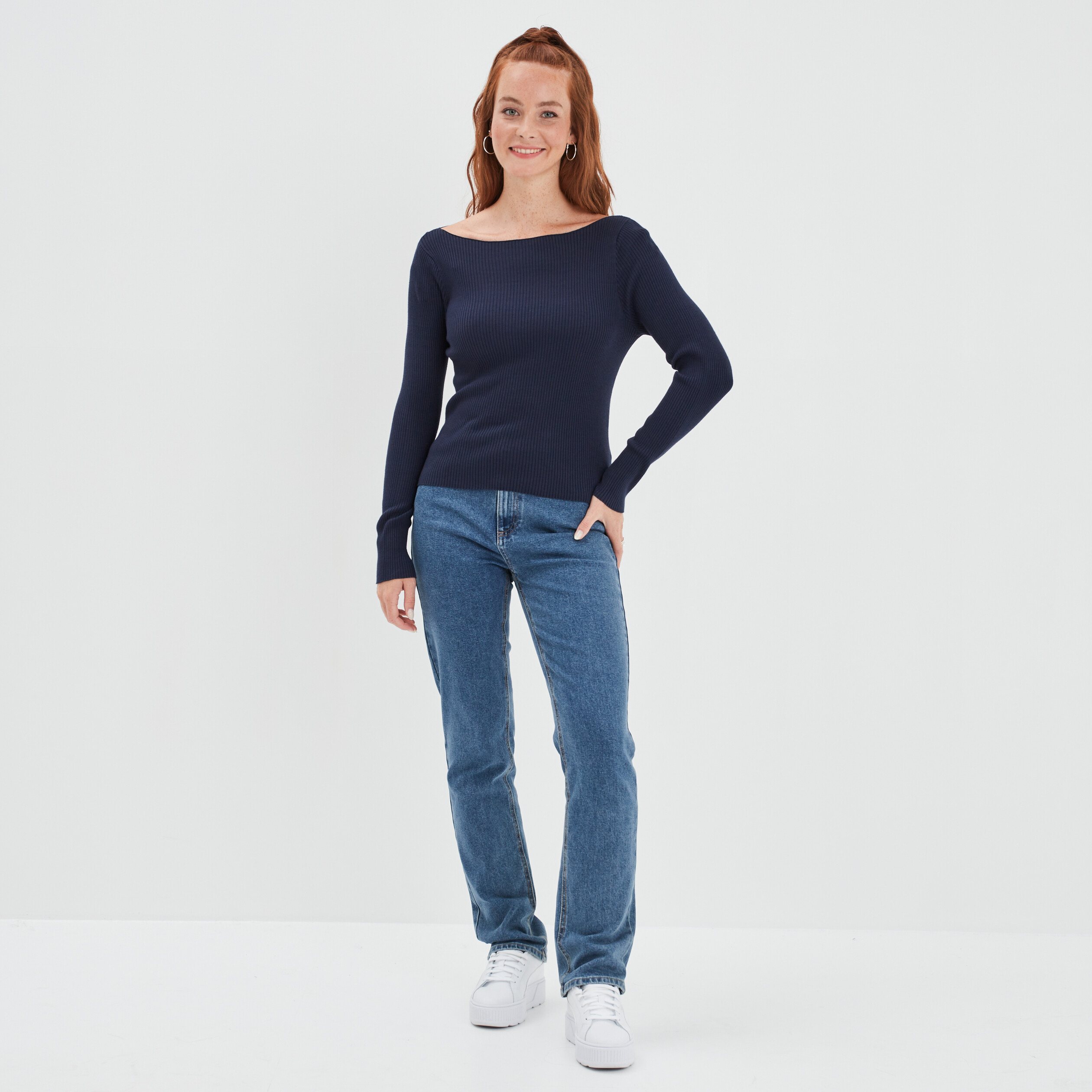 Pull côtelé court col bateau Creeks bleu marine femme | La Halle
