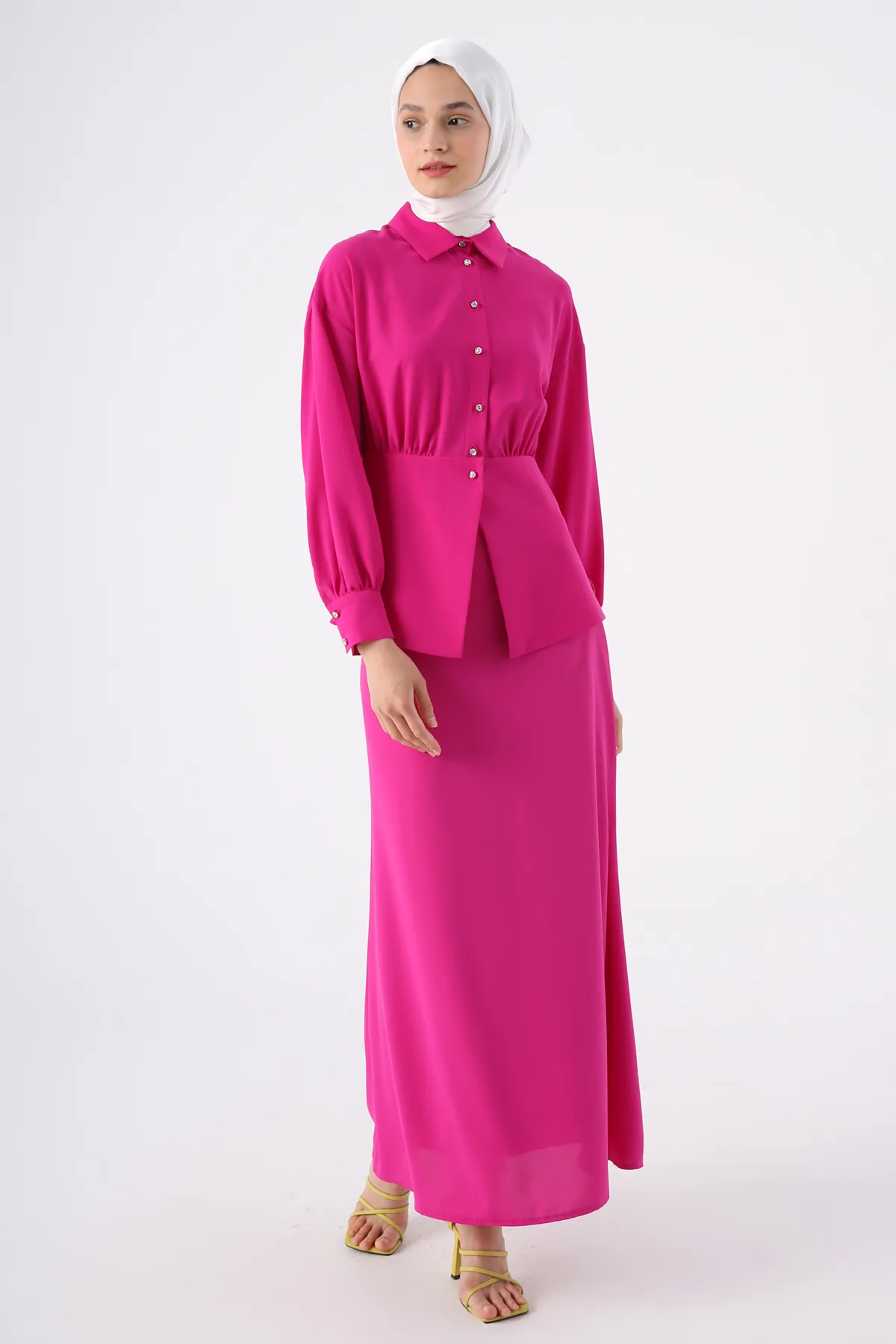 ALLDAY  Fuchsia-Taillenraffung, detailliertes, stilvolles, geknöpftes Chiffon-Blusenrock-Set