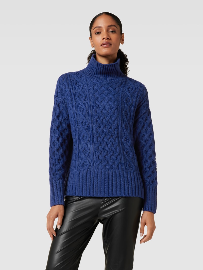 Rollkragenpullover mit Zopfmuster in dunkelblau