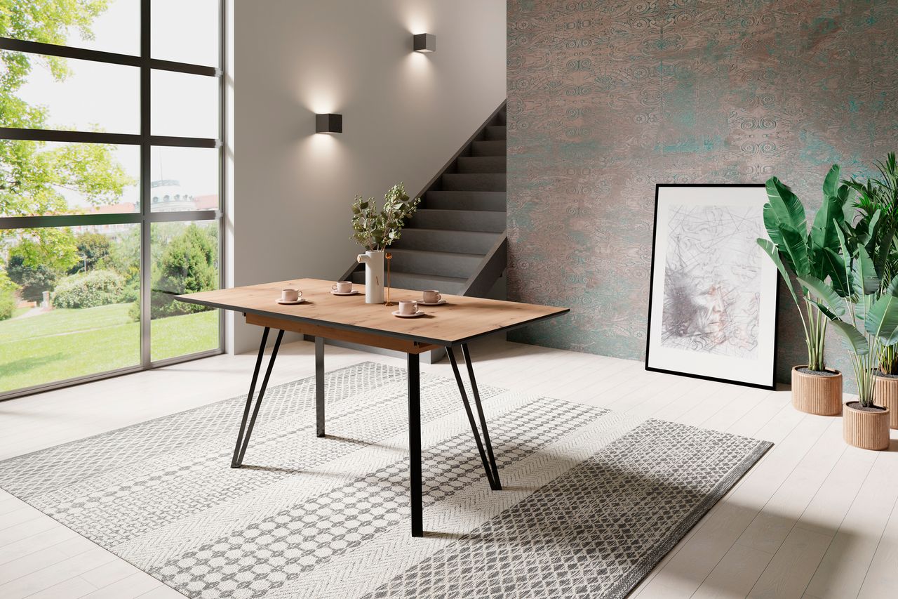 byLiving BERLIN Tisch mit Auszug, Breite 120 cm, Metall schwarz pulverbeschichtet, Eiche-Optik