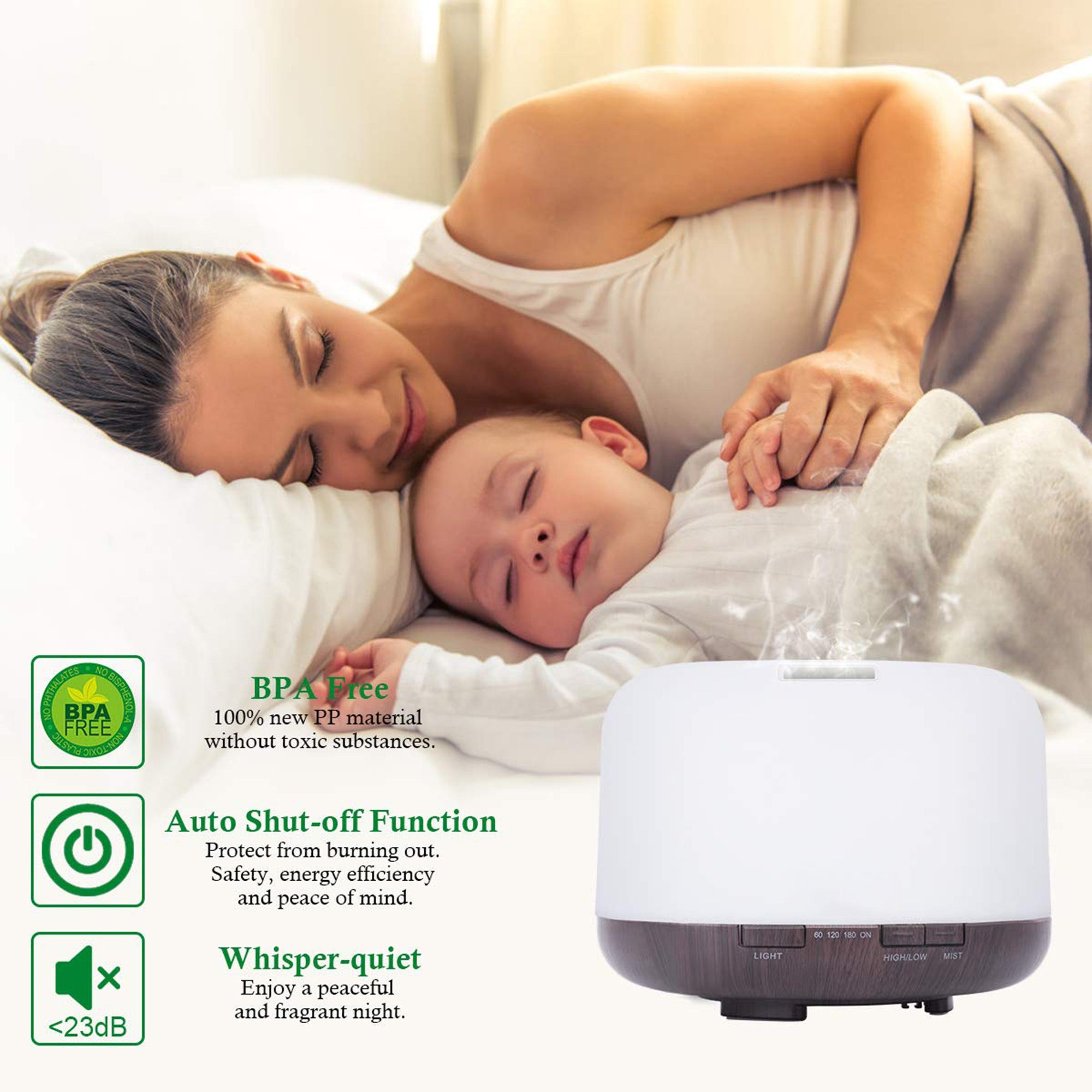 Tisoutec Luftbefeuchter Aroma Diffuser, Diffuser Luftbefeuchter,Ultraschall Aromatherapie, 500,00 l Wassertank, Diffuser für Ätherische Öle-Raumbefeuchter Aromatherapie Öle Duftlampe