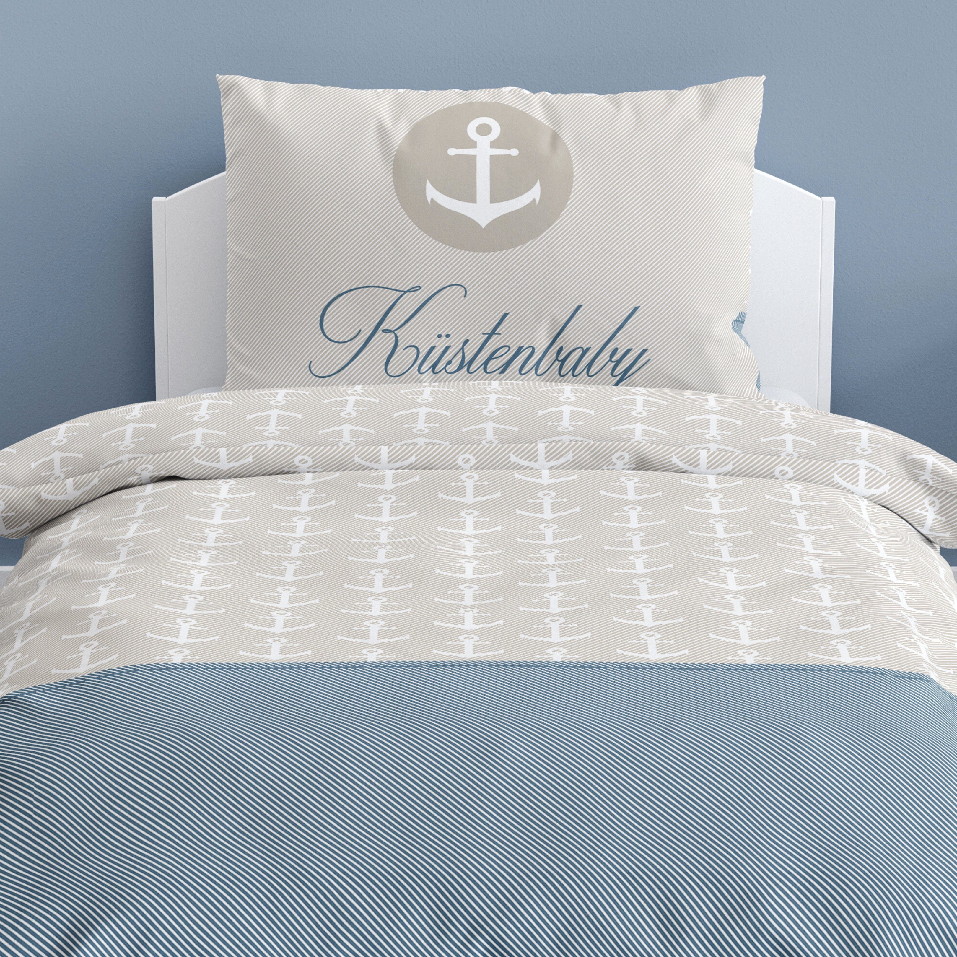 Kinderbettwäsche Küstenbaby Anker 100x135+40x60 cm, 100 % Baumwolle, MTOnlinehandel, Renforcé, 2 teilig, maritime, gestreifte Babybettwäsche für Mädchen und Jungen