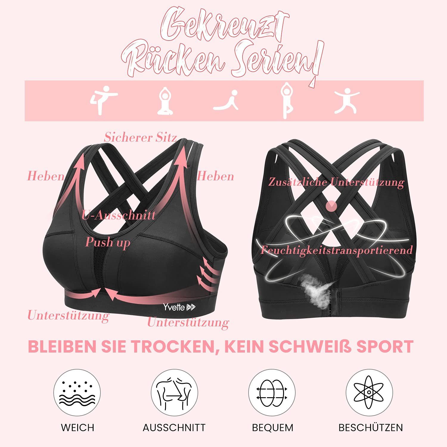 Yvette Sport-BH Starker halt, gekreuzt Rücken, mit Cups, H0100003