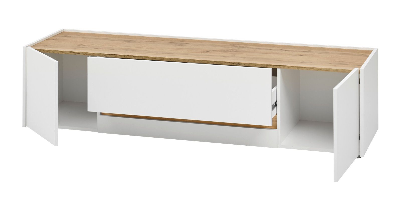 Furn.Design Wohnwand Center, (Wohnzimmer Set 5-teilig in weiß mit Wotan Eiche, 330 x 197 cm), 14 Stauraum-Fächer