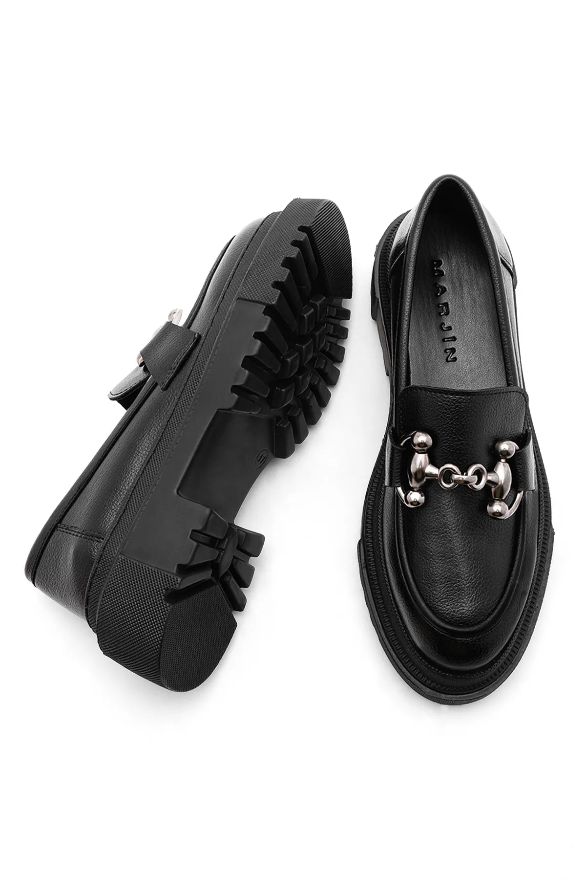 Marjin  Damen Loafer Dicke Sohle Kette Freizeitschuhe Forela Schwarz