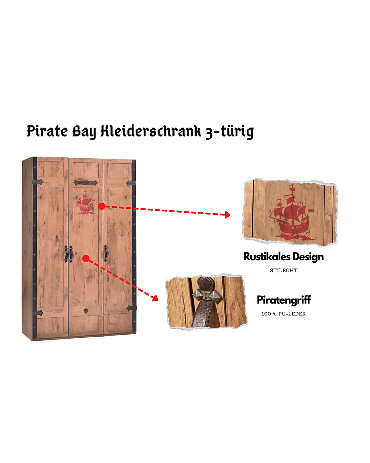 Pirate Bay Kleiderschrank 3-türig mit Schiffsaufdruck