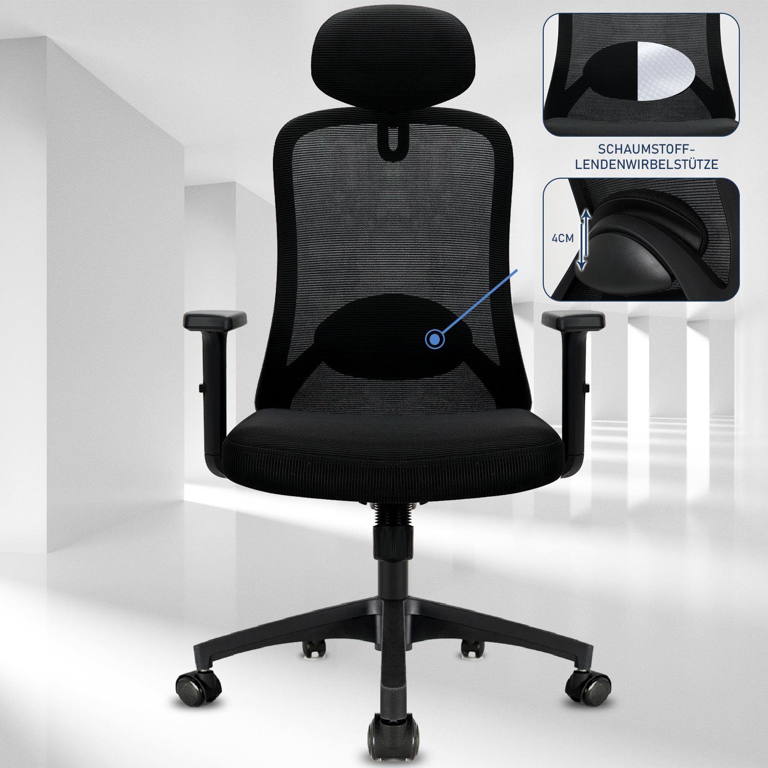 Durrafy Bürostuhl Bürostuhl Ergonomischer,Chefsessel,Schreibtischstuhl, mit Wippfunktion bis 130°, Leise rollen, Bürostuhl 150 KG