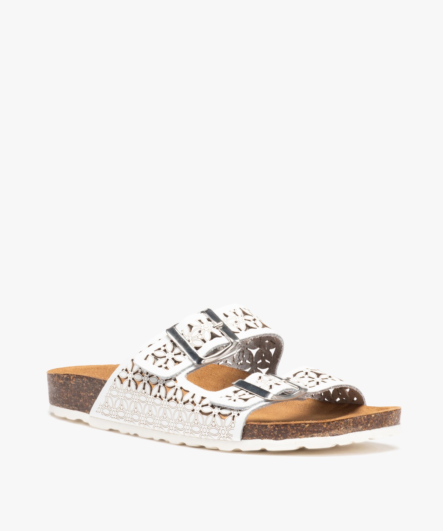 Mules femme à talon plat à double brides ajustables en cuir blanc | GEMO