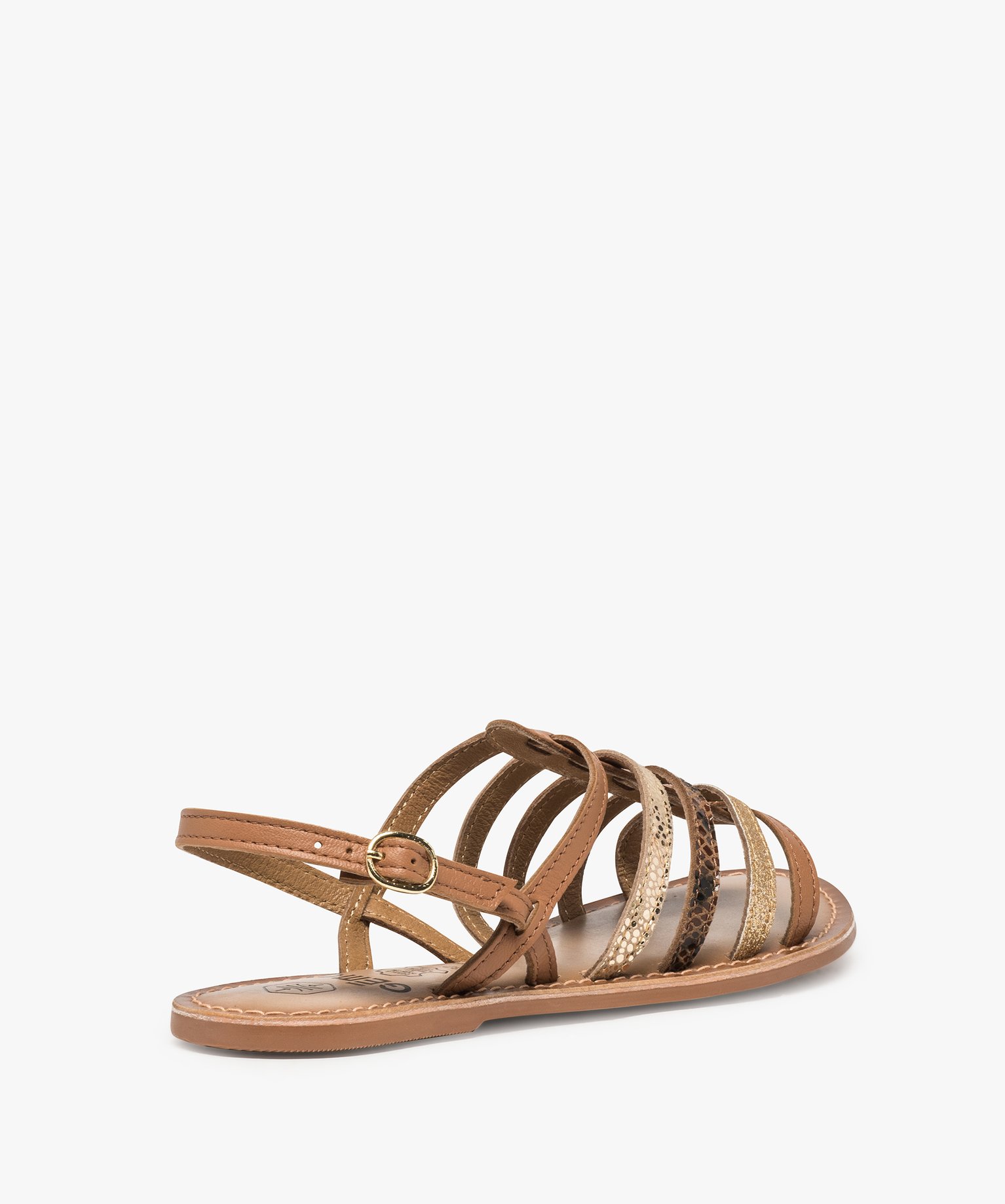 Sandales femme à talon plat et brides multiples en cuir camel | GEMO
