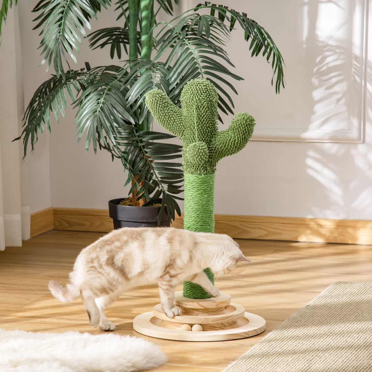 PawHut Kratzbaum Kaktus Spielzeug 65 cm Hoch Sisal Seil Kiefernholz Grün Natur