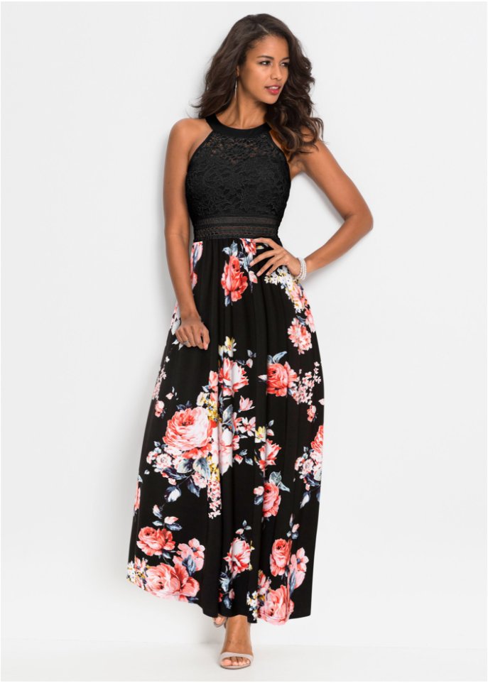 Sommer-Maxikleid mit Blumen-Print und Spitze