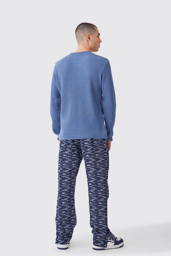 Zweifarbiger gerippter Rundhals-Pullover
